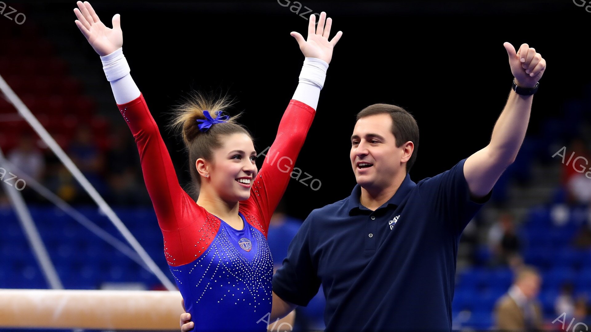 画像には、体操競技の床で、赤い長袖と青い装飾が施されたレオタードを着た女性と、紺色のポロシャツを着た男性が写っています。女性は両手を高く上げ、満面の笑みを浮かべて喜びを表現しており、男性も同様に両手を上げて女性と喜びを分かち合っています。背景には観客席が見え、競技会場の雰囲気が伝わってきます。