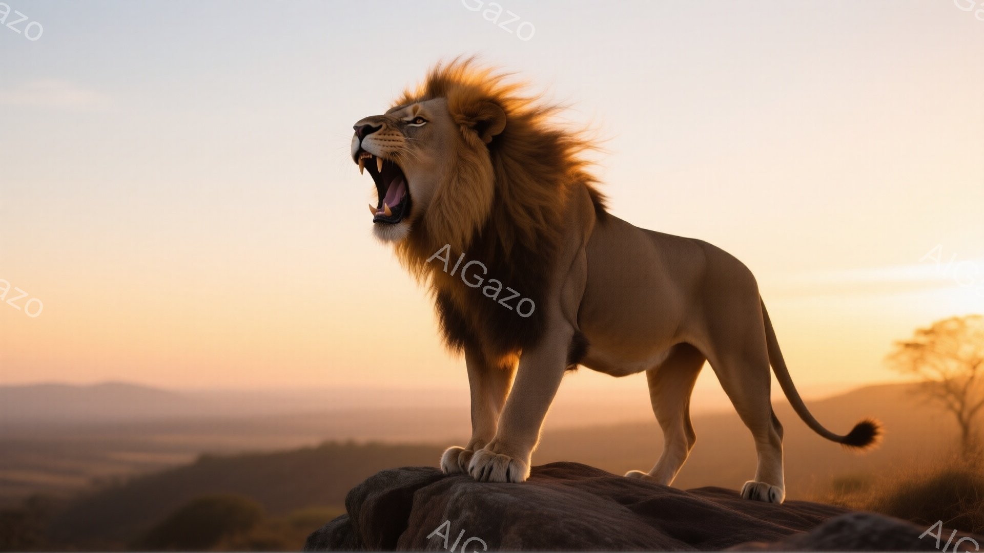 広大なサバンナを見下ろす岩の上に、たてがみが豊かに広がる雄ライオンが立っている。口を開け、咆哮を上げている姿は力強く、まるで王者の風格を漂わせている。背景には夕焼けのオレンジ色の空と、遠くに見える山々が広がり、雄大でドラマチックな雰囲気を醸し出している。