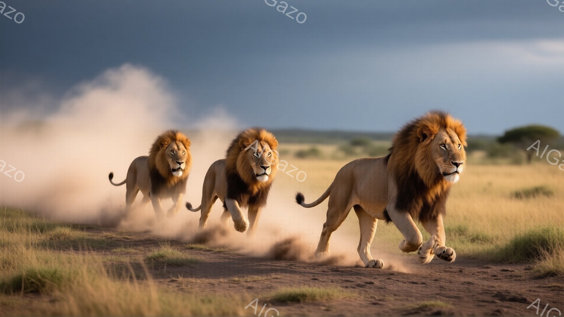 ３頭の雄ライオンが埃っぽい草原を疾走している姿が捉えられています。彼らは皆、豊かなたてがみと強い眼差しを持ち、力強く前進しています。背景には乾燥した草原が広がり、遠くには木々が見え、薄暗い空が迫りくる嵐を暗示しています。