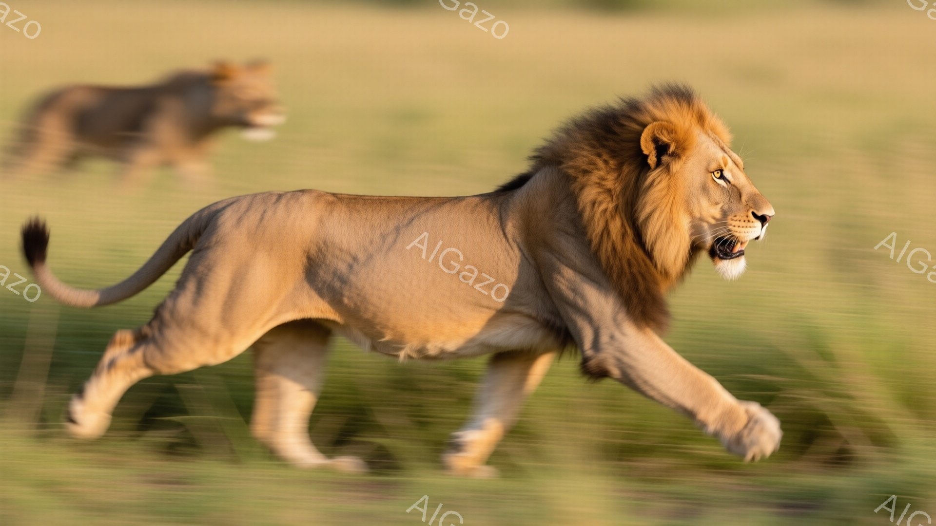 広大な草原を、たてがみが豊かなオスのライオンが力強く走り抜けている。背景には、ぼやけた別のライオンが見え、スピード感と野生の息吹を感じさせる。黄金色の夕暮れ時の光が、草原とライオンを照らし、力強く、雄大な雰囲気を醸し出している。