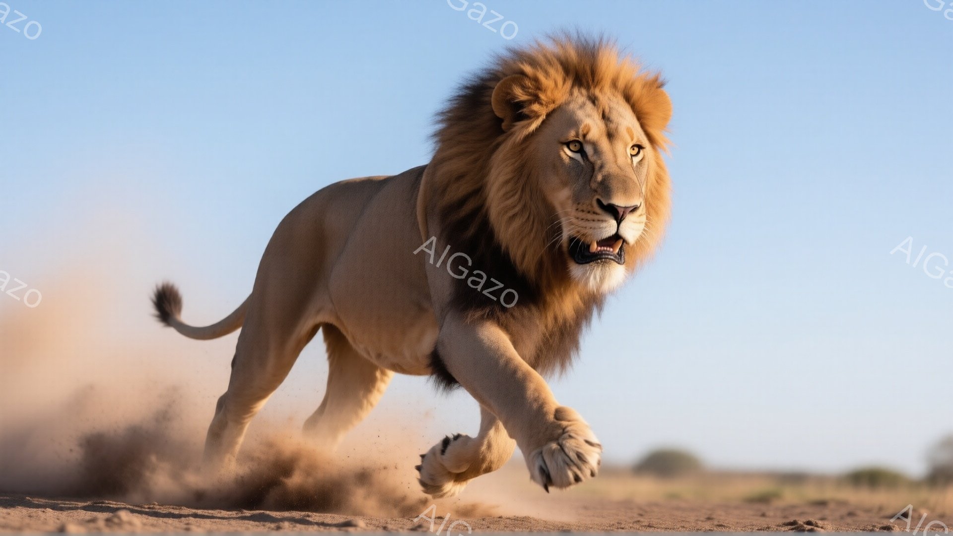 広大なサバンナを、たてがみが印象的な雄ライオンが疾走している。土埃を巻き上げながら力強く大地を蹴り、獲物を追い詰めているような躍動感あふれる姿だ。背景には乾燥した大地とわずかな草木が見え、晴天の下、野生の力強さを感じさせる。