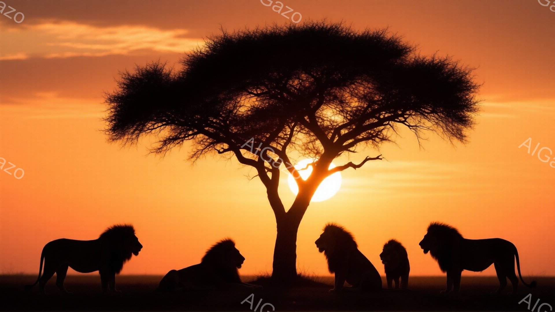 鮮やかなオレンジ色の夕焼けを背景に、アフリカのサバンナに佇むライオンたちがシルエットで描かれている。大きな木が中心に位置し、その背後に太陽が沈みかけている様子が印象的だ。ライオンたちはそれぞれ異なるポーズで、リラックスした様子で草原を見渡しているように見える。