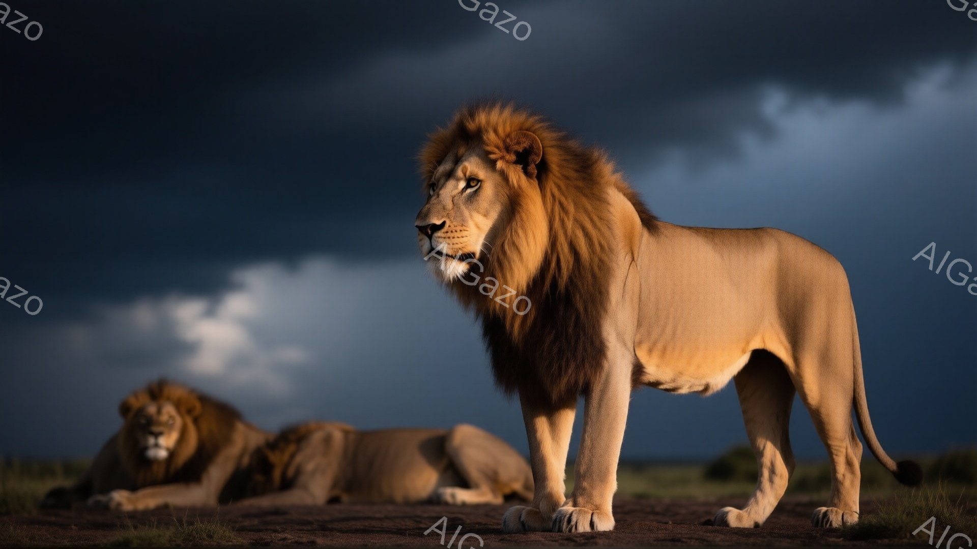 広大なサバンナで、雄ライオン二頭が描かれている。一頭は立っており、堂々とした姿で遠くを見つめているが、もう一頭は横たわってリラックスした様子だ。背景は暗雲が広がる空と、乾いた大地で、全体的に力強く、野生的な雰囲気を醸し出している。