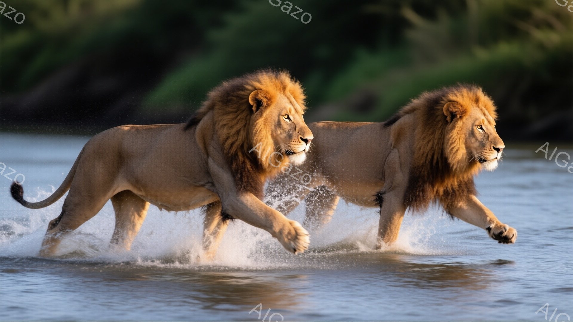 広大な水面を駆け抜ける、たてがみの豊かなオスのライオンが二頭描かれている。水しぶきを上げながら力強く前進する姿は、野生の力強さと優雅さを感じさせる。背景には緑豊かな植物が見え、晴れた日の自然の中で躍動するライオンの姿が印象的だ。