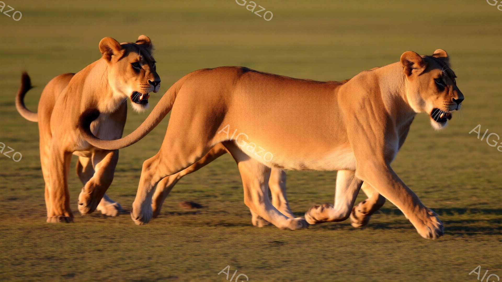 広大な草原を2頭の若い雌ライオンが歩いている様子が写っている。太陽の光がライオンの毛並みを照らし、黄金色に輝いている。背景は緑色の草地が広がり、穏やかで平和な雰囲気を醸し出している。