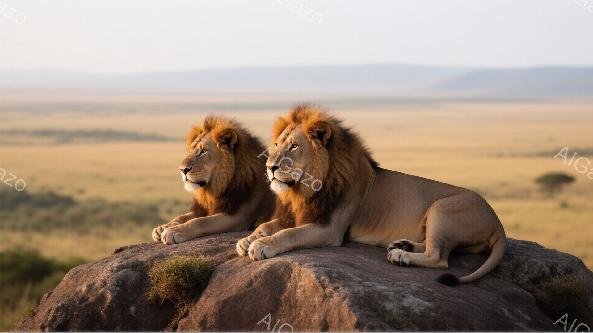 雄ライオン二頭が、岩の上に横たわって遠くを見つめている。彼らの毛並みは黄金色で、堂々とした表情は力強さと自信に満ちている。背景には広大なサバンナが広がり、地平線には霞んだ山々が見え、穏やかで雄大な雰囲 - AI生成フリー素材