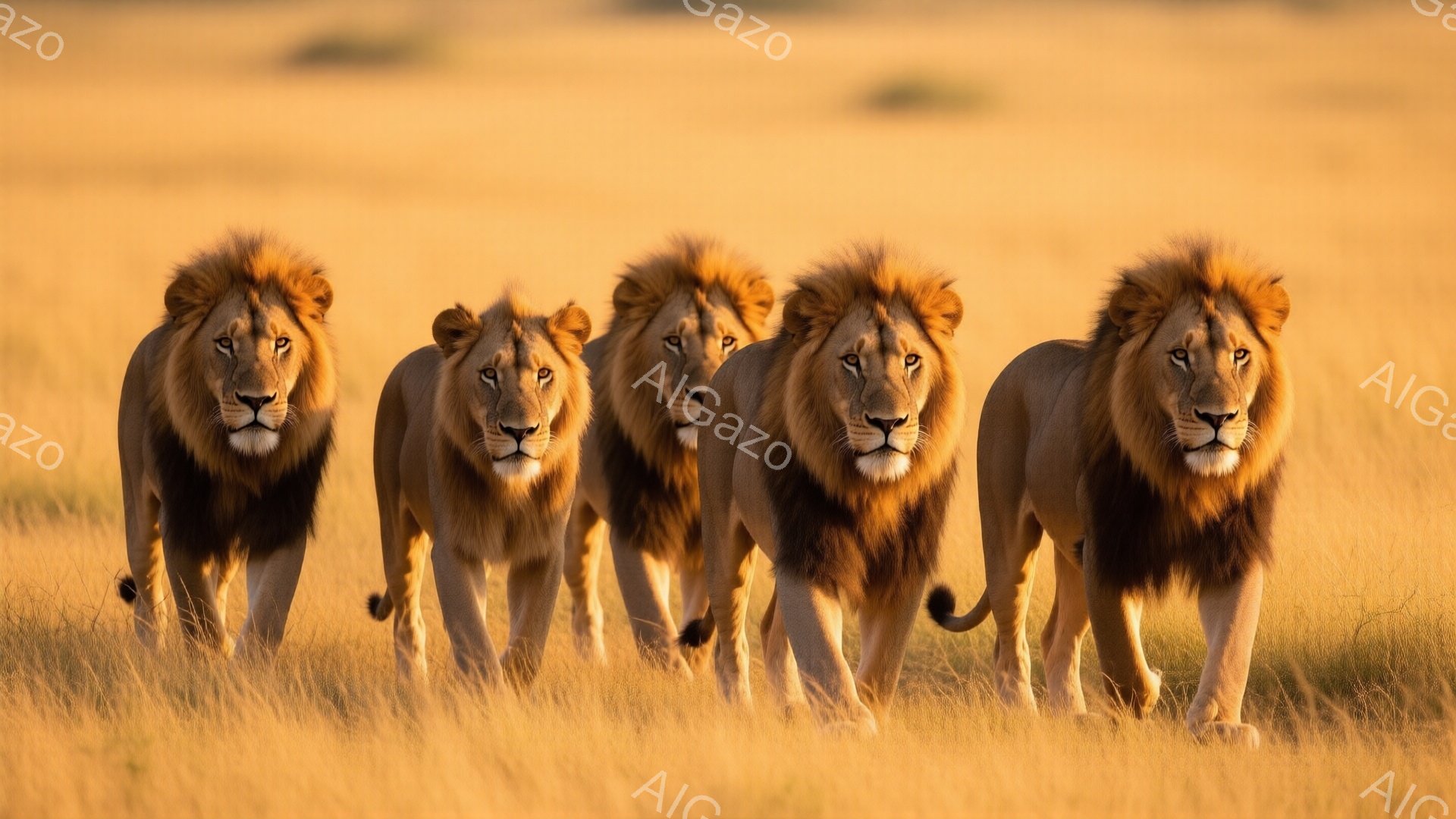 広大なサバンナを、たてがみを持つ雄ライオンが四頭、カメラに向かって歩いてくる姿が捉えられています。黄金色の夕日に照らされ、ライオン達は堂々とした姿勢で、力強く前進しています。背景は乾燥した草原で、暖かく、野生的な雰囲気が漂っています。
