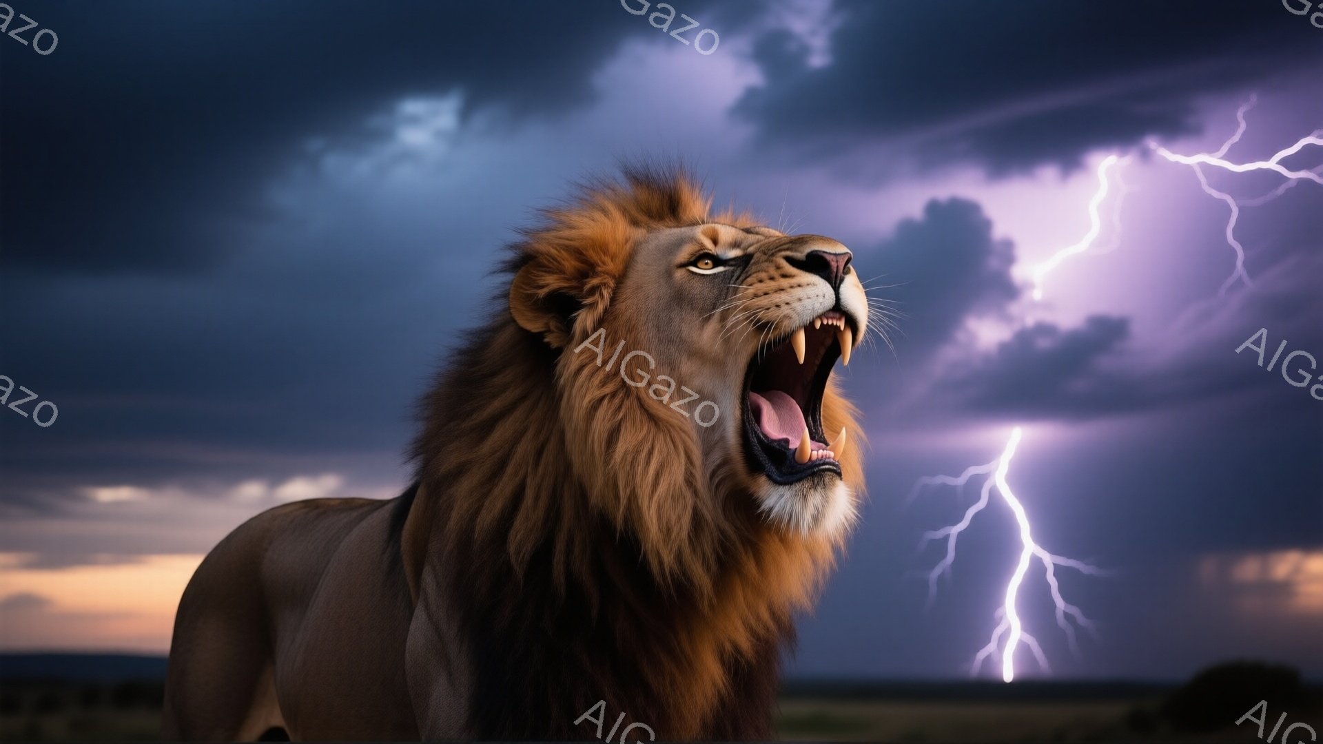 雄大なライオンが咆哮しており、口は大きく開かれ、鋭い牙が覗いています。背景は暗雲に覆われ、稲妻が走り、嵐の到来を予感させる力強い雰囲気です。ライオンのたてがみは豊かで堂々としており、荒野の地平線が薄暗く広がっています。