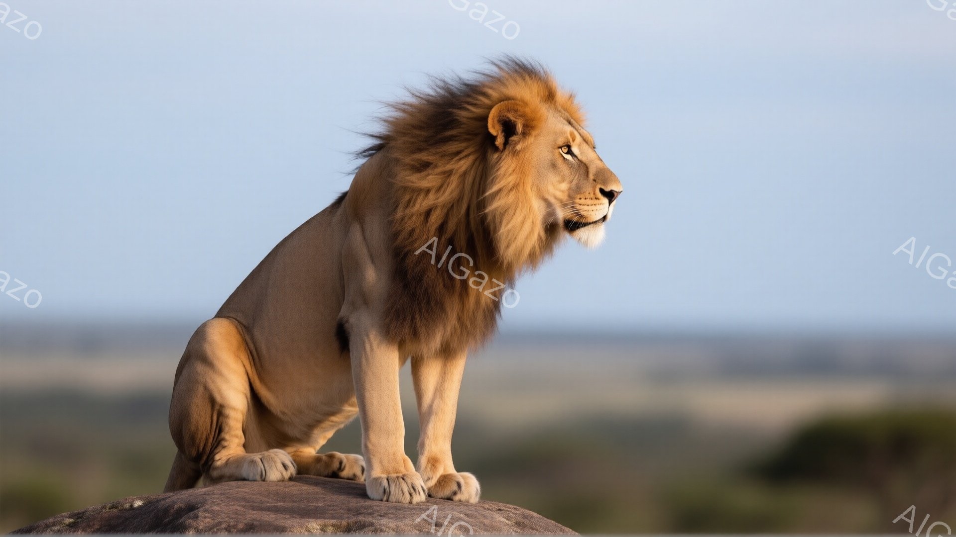 広大なサバンナを見下ろすように岩の上に座る、たてがみの豊かなオスのライオンが写っている。その表情は威厳に満ち、遠くを見つめる眼差しは鋭い。背景には、低い潅木や草が生い茂る平原が広がり、空は穏やかな水色で、静かで力強い雰囲気を醸し出している。