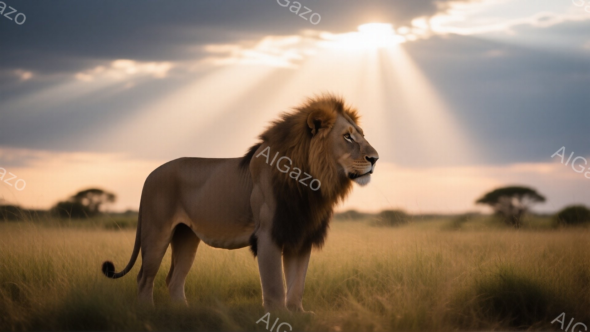 広大なサバンナに、たてがみが豊かな雄ライオンが横向きに立っている。ライオンは遠くを見つめ、威厳と静けさを漂わせている。背景には乾いた草が生い茂り、夕焼けのような光が差し込み、穏やかで力強い雰囲気を醸し - AI生成フリー素材