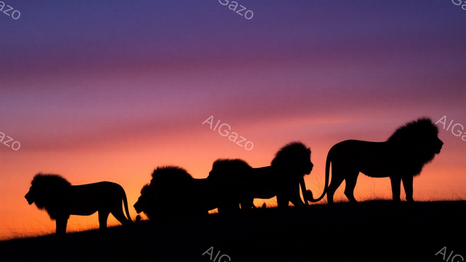 画像には、夕焼けを背景に、草原の稜線に並んだライオンのシルエットが描かれています。一番手前のライオンは四つん這いで、他のライオンは立ち姿勢で、雄々しく佇んでいます。空はオレンジと紫のグラデーションで、 - AI生成フリー素材