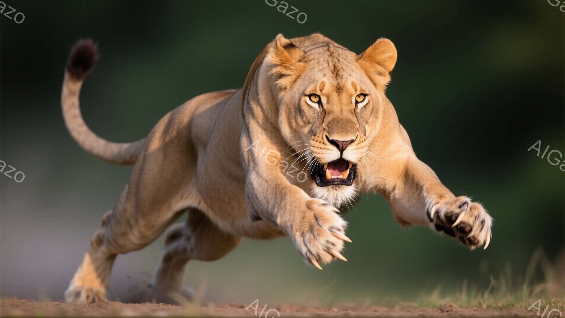鮮やかなオレンジ色のライオンが、砂埃を巻き上げながら疾走している姿が捉えられています。鋭い爪を伸ばし、口を開けて力強く前進する様子から、狩りへの強い決意が感じられます。背景には緑豊かな草原が広がり、ライオンのダイナミックな動きとのコントラストが印象的です。