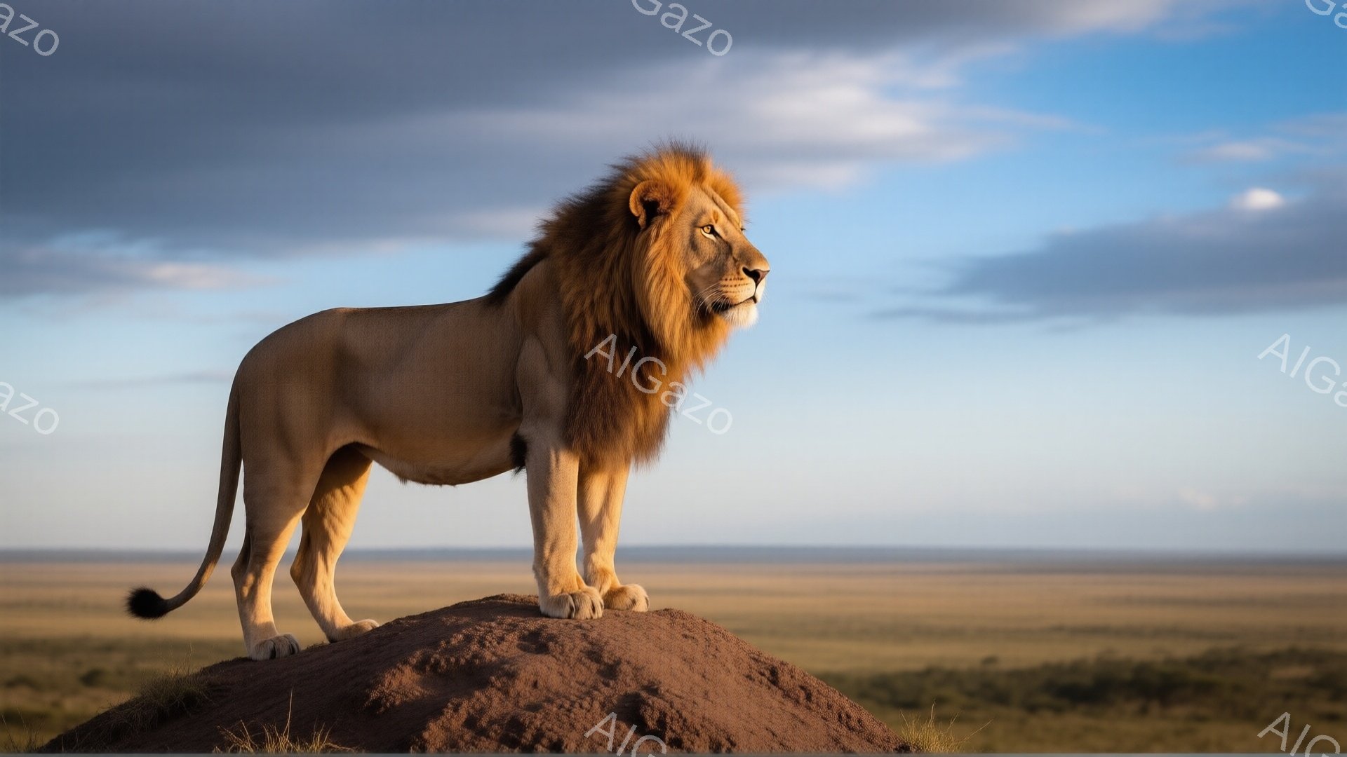 広大なサバンナの丘の上に、堂々とした雄ライオンが立っている。その顔つきは威厳に満ちており、遠くを見つめる姿は力強さを感じさせる。背景には黄金色の草原が広がり、薄い雲が広がる空が、雄ライオンの存在感を際立たせている。