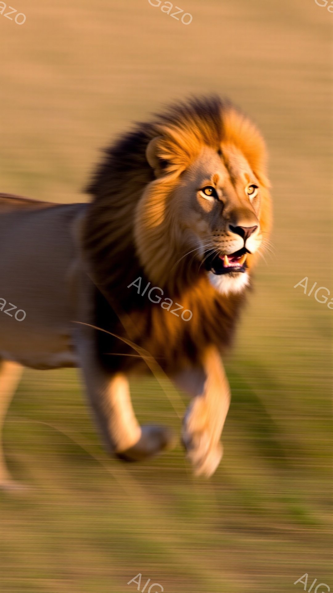 雄大なタテガミを持つライオンが、草原を猛スピードで走り抜けている様子が捉えられています。その表情は決意に満ちており、鋭い眼光は獲物を見据えているかのようです。背景は緑豊かな草原で、ライオンの力強さと自然の美しさが調和した、躍動感あふれる一枚です。