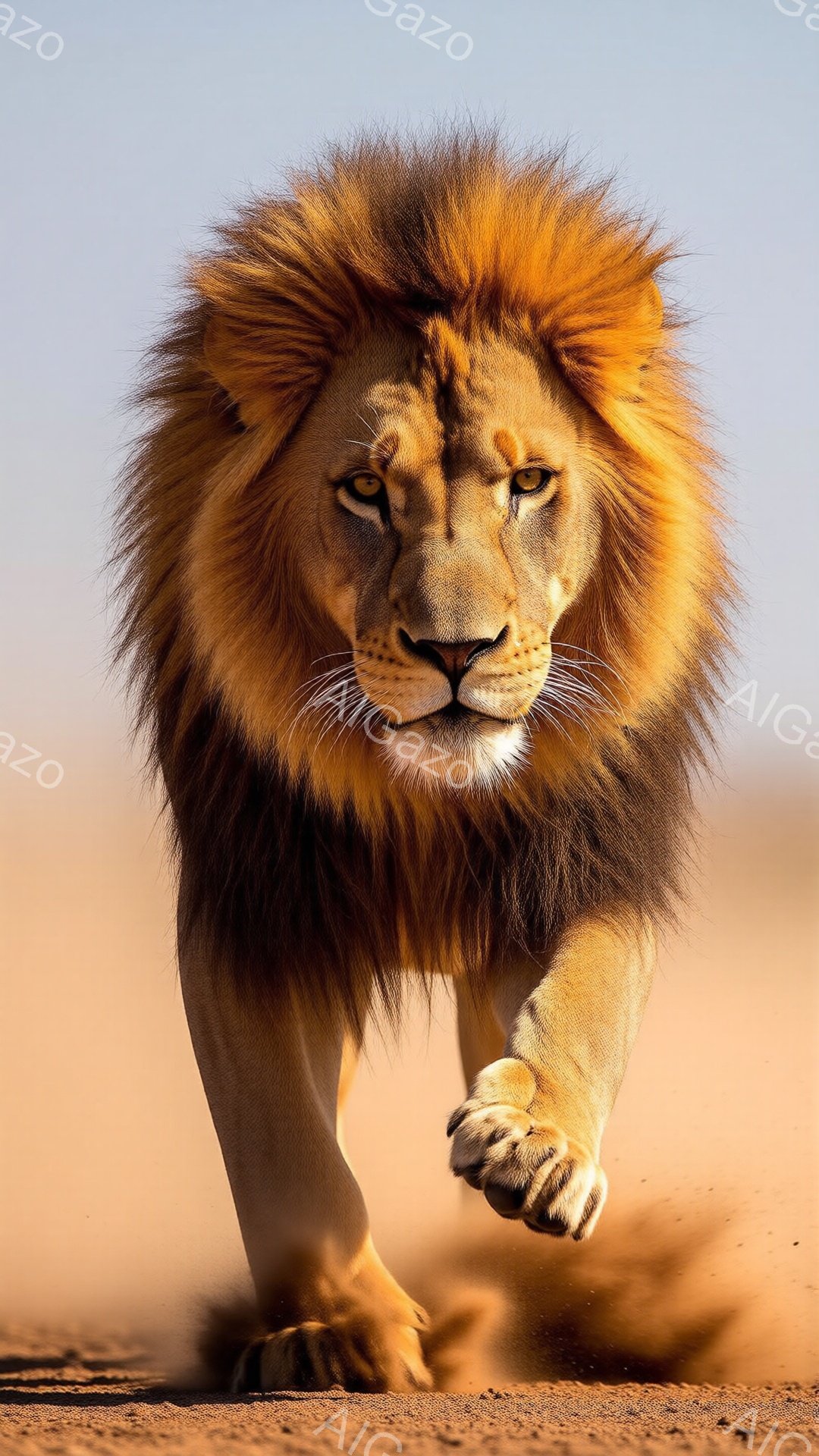 砂漠を疾走する雄ライオンが写っている。その堂々とした姿は、太陽の光を浴びて黄金色に輝き、力強い眼差しは見るものを圧倒する。背景は起伏のある砂丘が広がり、埃が舞い上がって、野生の力強さを強調している。