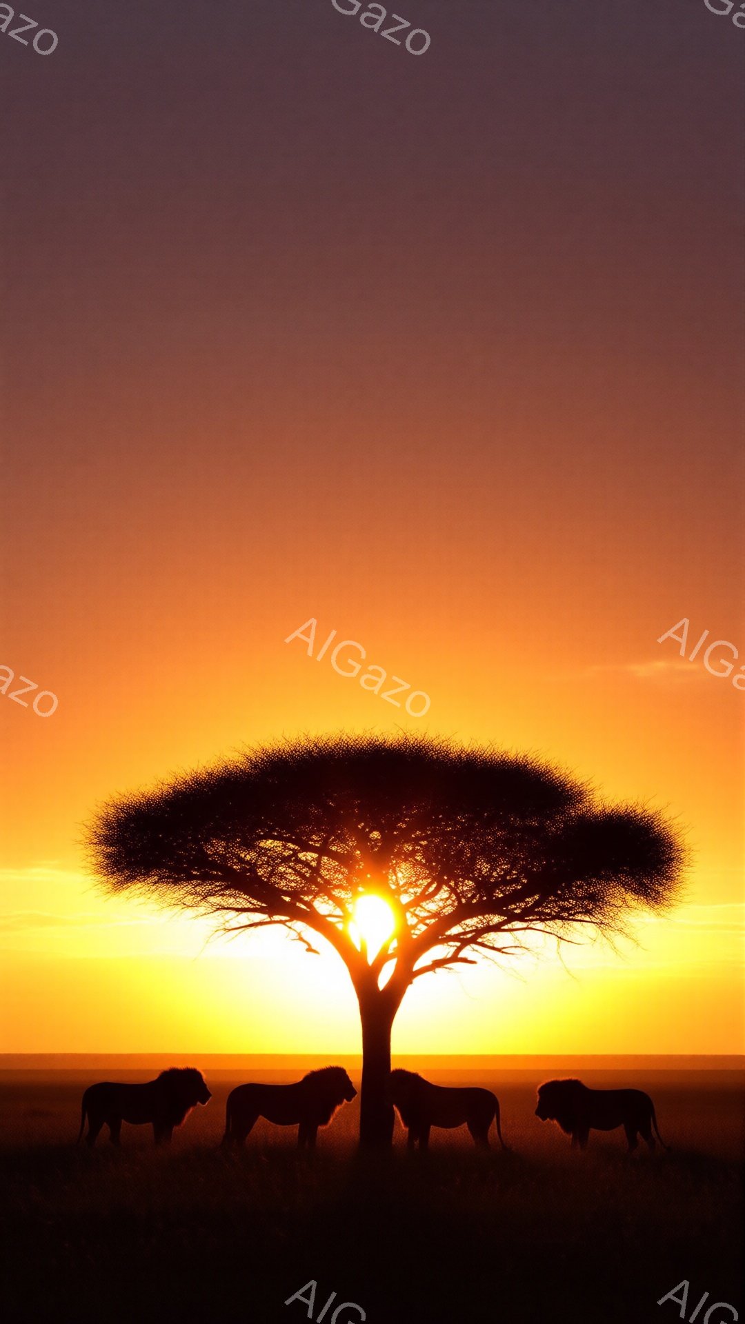 アフリカのサバンナで、夕焼けを背景に大きな木と４頭のライオンがシルエットで描かれている。ライオンたちは草むらの中に横たわり、リラックスした様子で、夕焼けのオレンジ色の光に照らされている。空はオレンジ色から紫色にグラデーションしており、全体的に穏やかで、静寂に包まれた雰囲気である。