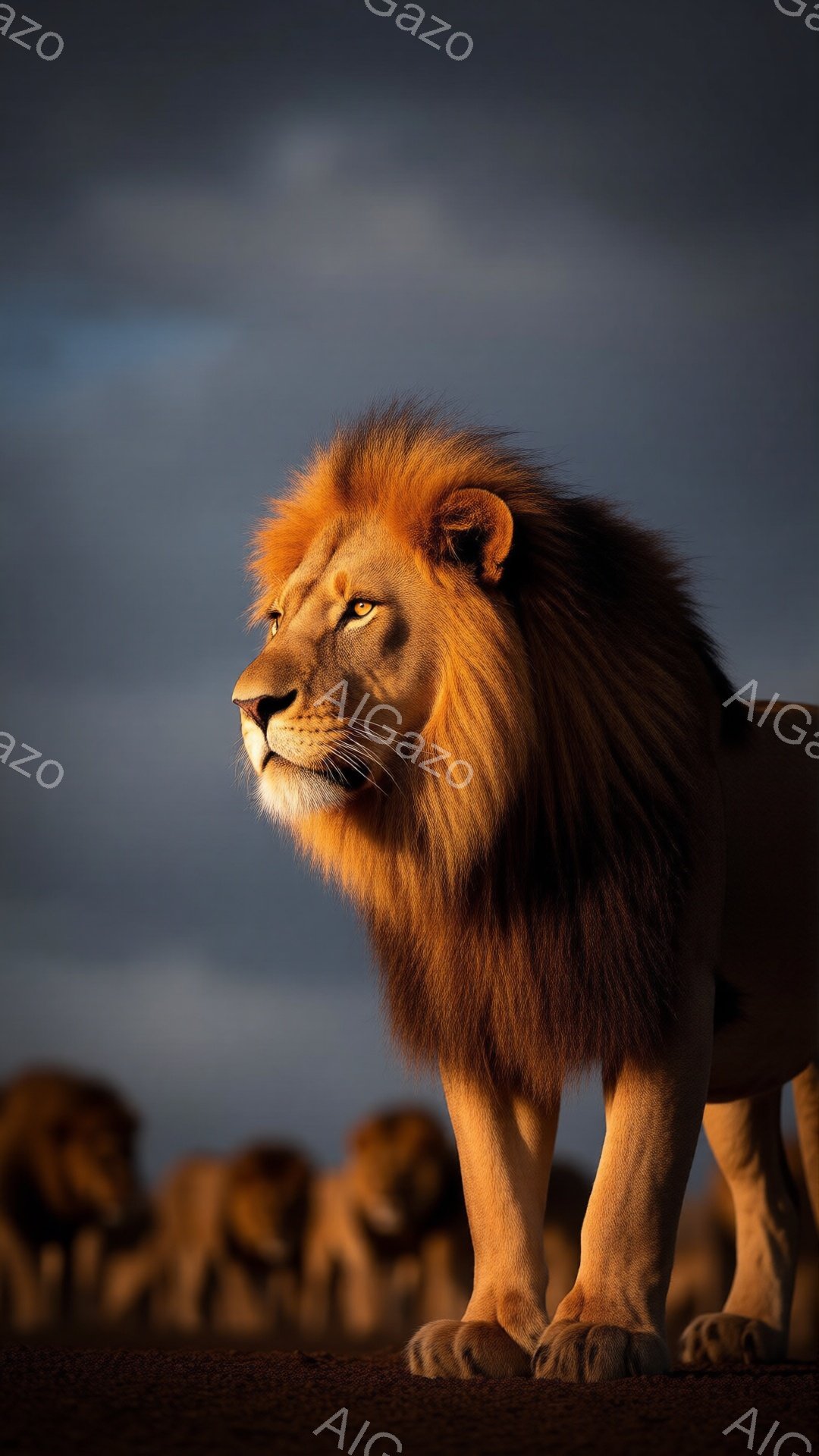 雄大なケープライオンが、砂漠のような地面に堂々と立っている。彼のたてがみは夕日に照らされ、金色に輝き、鋭い眼差しは遠くを見つめている。背景は暗い空と砂漠の地平線で、力強く、そして神秘的な雰囲気を醸し出している。