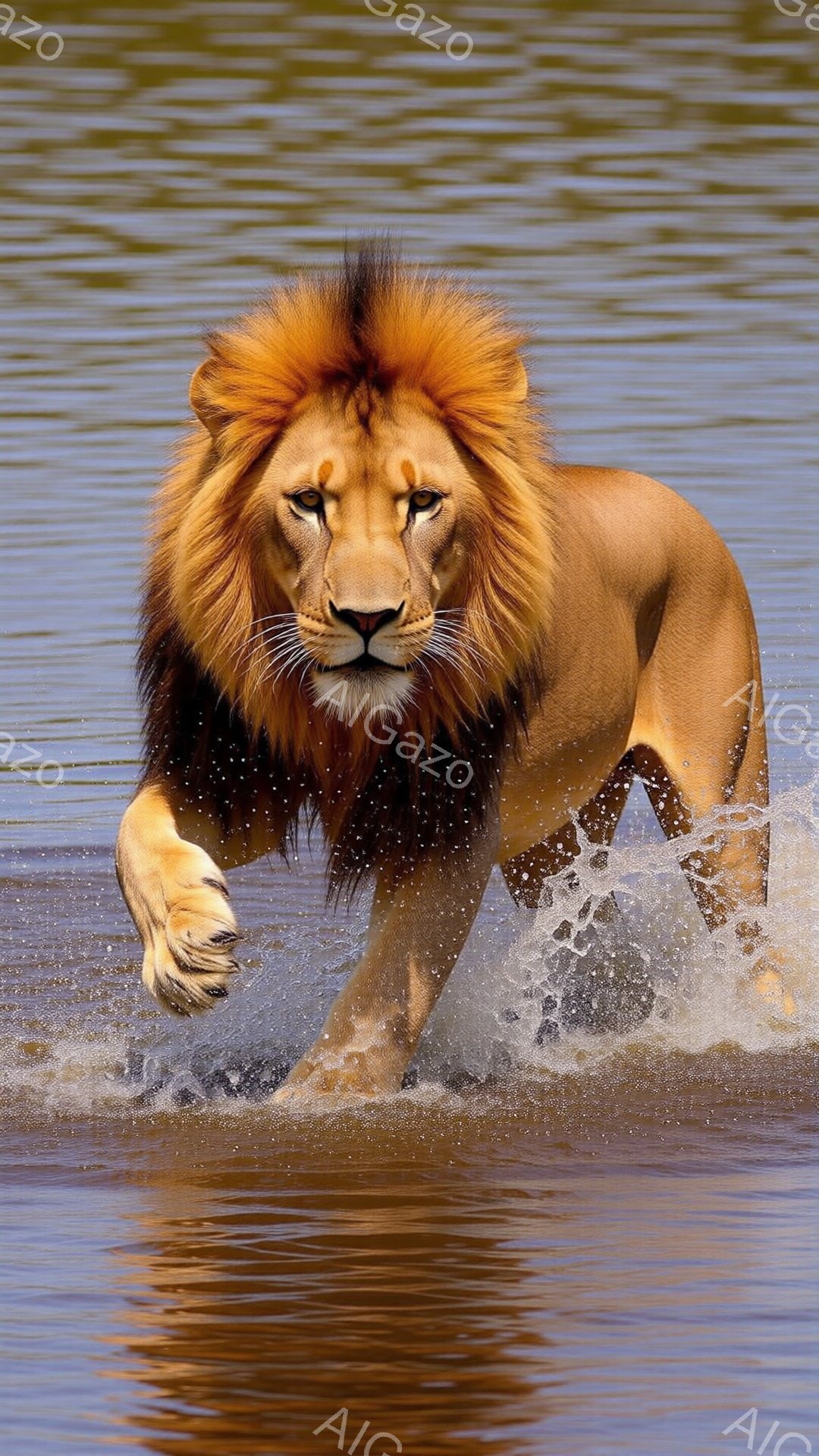 鮮やかなオレンジ色の毛並みを持つ、堂々としたライオンが水面を力強く駆け抜けている。水しぶきが四方八方に飛び散り、その動きの速さと強さを強調している。背景は穏やかな水面で、ライオンの威厳と自然の力強さを際立たせている。