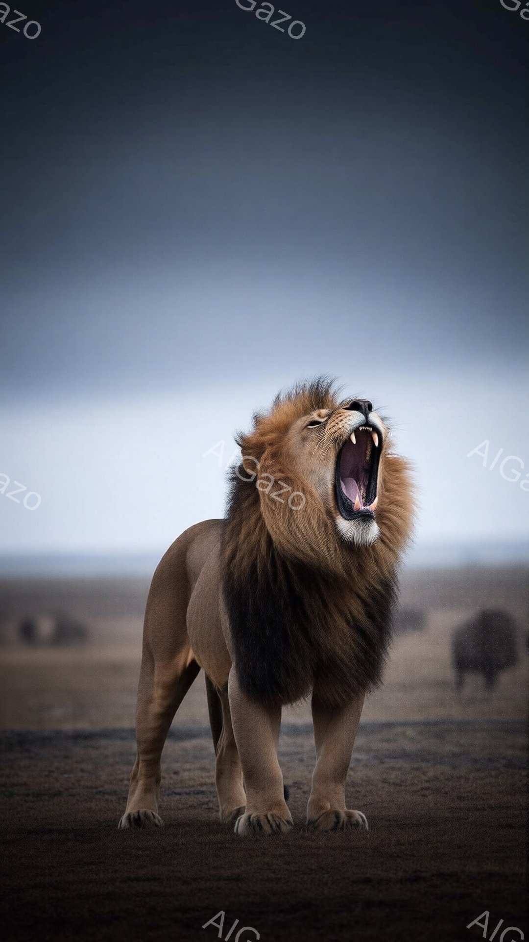 雄大なケープライオンが、大きく口を開けて咆哮している姿が捉えられている。その毛並みは豊かな茶色で、たてがみが印象的だ。背景には広大な草原と暗い雲が広がり、力強く、野生的な雰囲気を醸し出している。