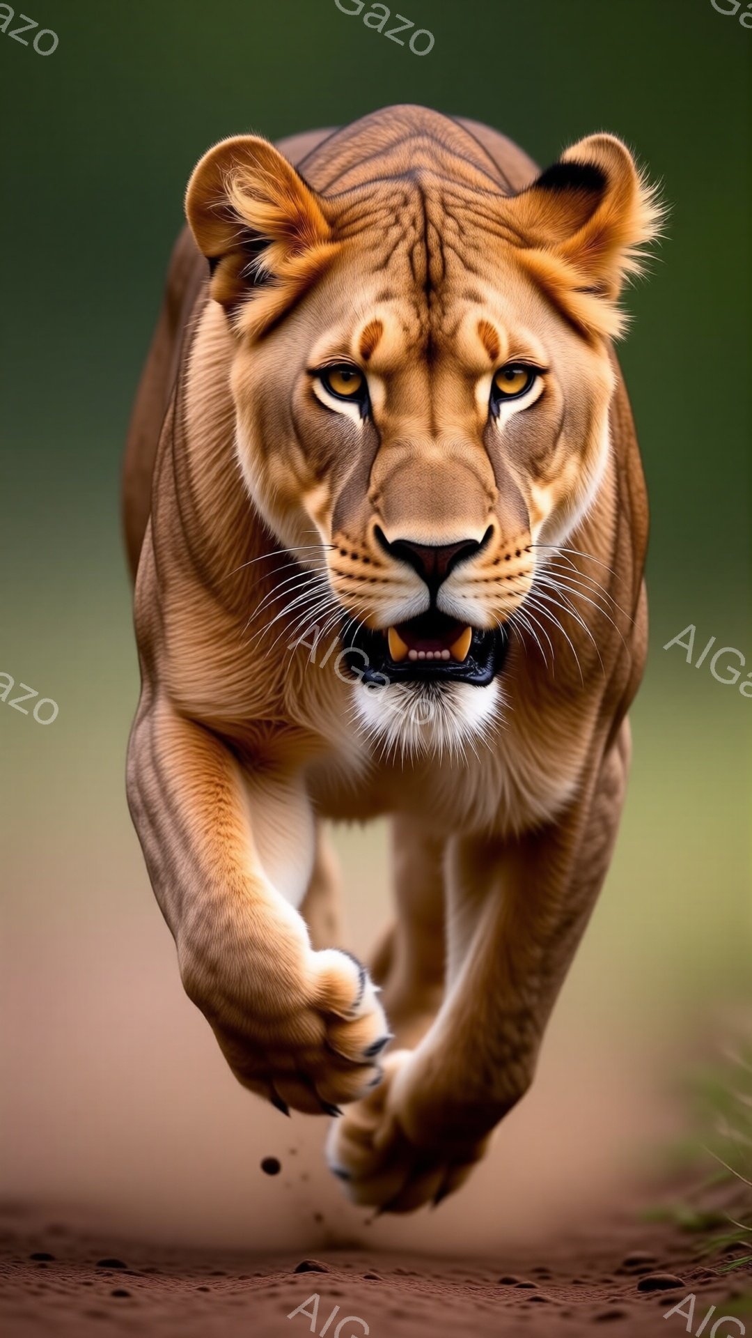 砂埃を巻き上げながら、一頭の雄ライオンがカメラに向かって猛スピードで走り抜けている。筋肉質な体躯と鋭い眼光は、野生の力強さと自信を表現しており、口を開けて牙を見せている様子から、狩りへの強い決意が感じられる。背景はぼやけた茶色の土と緑色の植物で、ライオンの躍動感を際立たせ、熱気と臨場感に満ちた雰囲気を醸し出している。