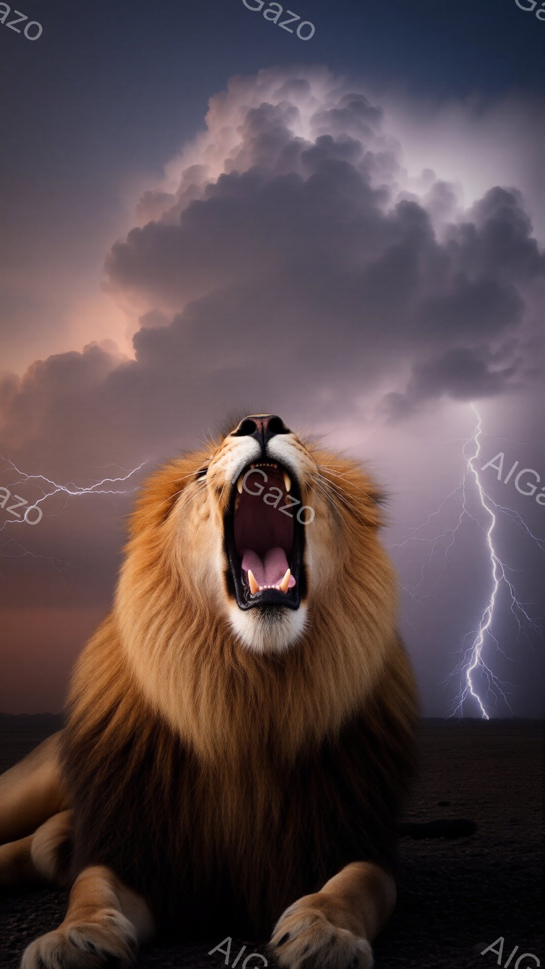 雄大なライオンが、大きく口を開け、咆哮している姿が描かれている。背景には、稲妻が光る暗雲が広がり、荒涼とした大地が続いている。全体的に力強く、威厳に満ちた、恐ろしい雰囲気を醸し出している。