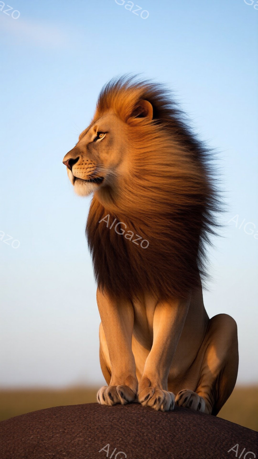 雄大なアフリカのサバンナを背景に、立派なたてがみが特徴のライオンが岩の上に座っています。その表情は威厳があり、遠くを見つめており、太陽の光を浴びて黄金色に輝いています。背景は地平線まで広がる草原で、空 - AI生成フリー素材