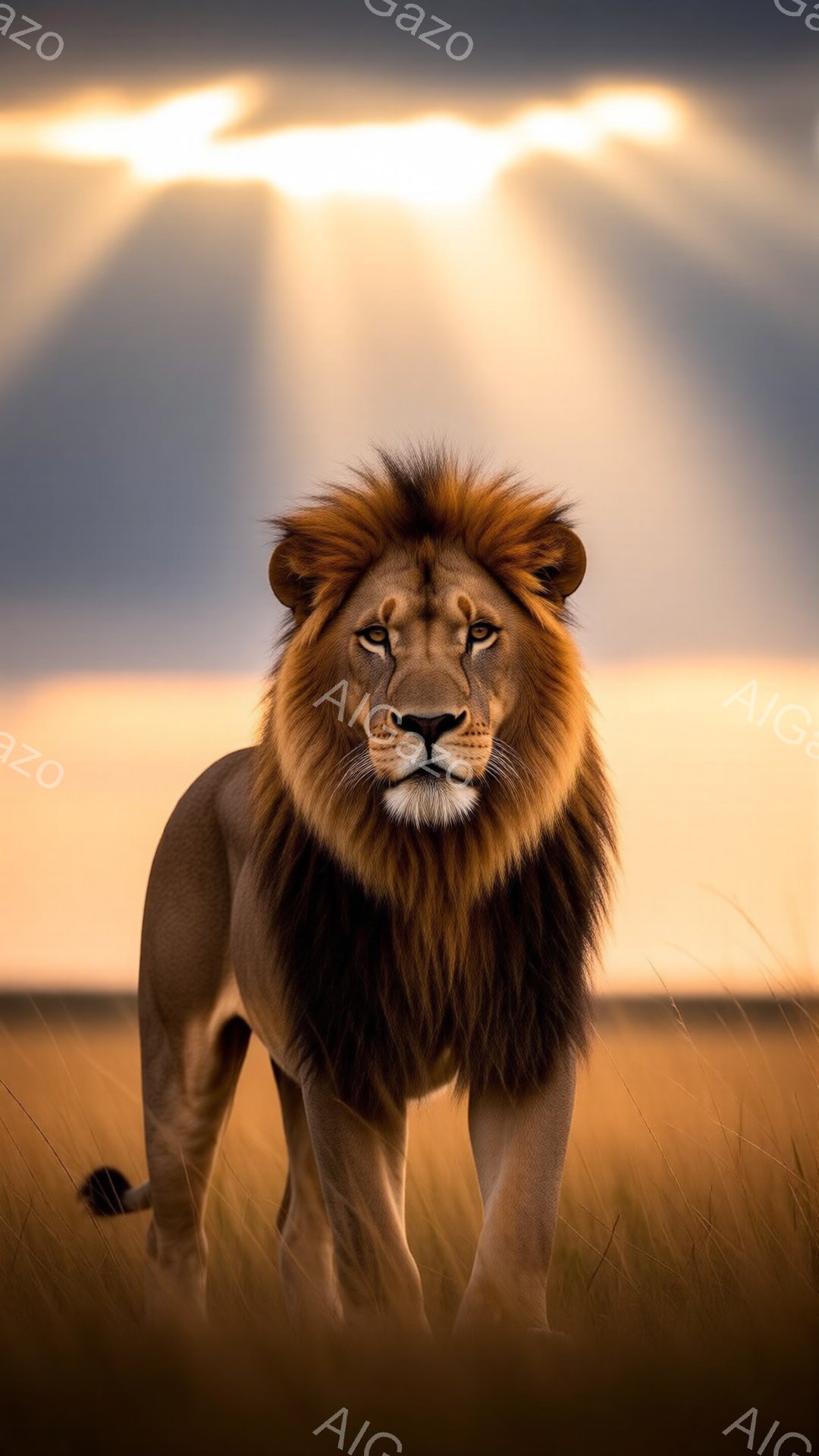 広大なサバンナの中に、堂々としたライオンが立っている。黄金色のたてがみと鋭い眼差しを持ち、力強さと威厳に満ちた表情をしている。背景には乾いた草が生い茂り、空には光芒が差し込み、ドラマチックで神秘的な雰 - AI生成フリー素材