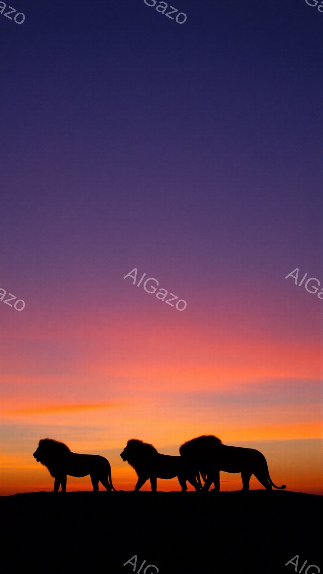 鮮やかなオレンジと紫色の夕焼けを背景に、3頭のライオンがシルエットで描かれている。ライオンたちは横一列に並び、遠くを見つめるような姿勢で、力強く、威厳のある姿を見せている。地平線は暗い影で表現され、夕焼けの暖かさとライオンたちの存在感が際立っている。