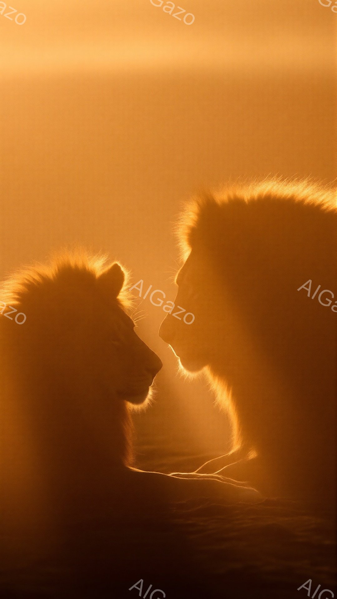 黄金色の背景に、2頭のライオンが鼻先を合わせ、互いに寄り添うように立っている。ライオンたちはシルエットで描かれており、その毛並みや顔の輪郭が僅かに見えるだけで、力強く威厳のある姿を際立たせている。背景は暖かく、まるで夕焼けのような光に包まれ、静かでドラマチックな雰囲気を醸し出している。