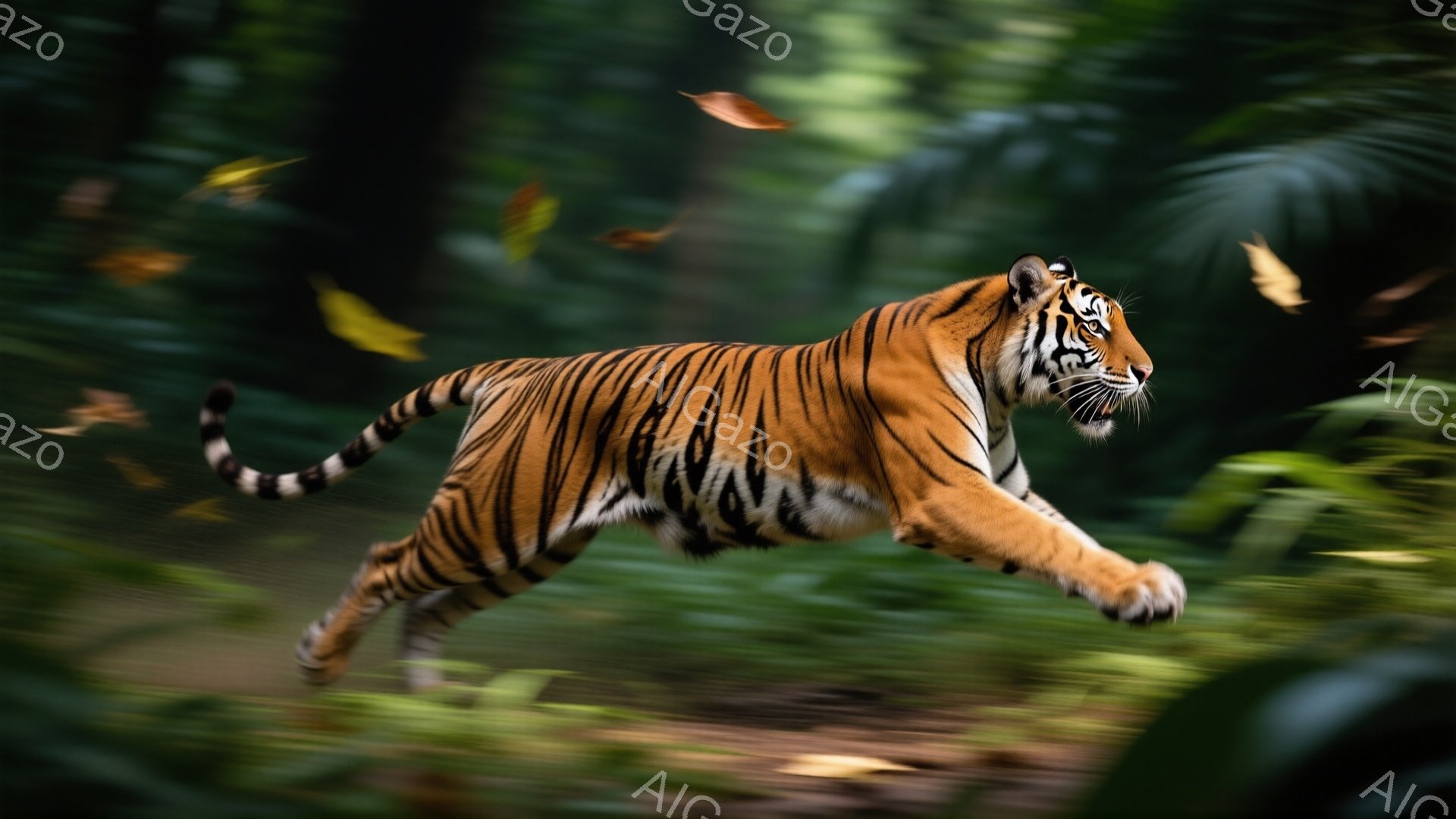 鮮やかなオレンジと黒の縞模様を持つトラが、緑豊かな森林の中で力強く飛び跳ねている様子が捉えられている。背景はぼやけており、動きの速さを強調し、落ち葉が舞うことで躍動感が増している。全体として、野生の力強さと自然の美しさを表現した写真である。
