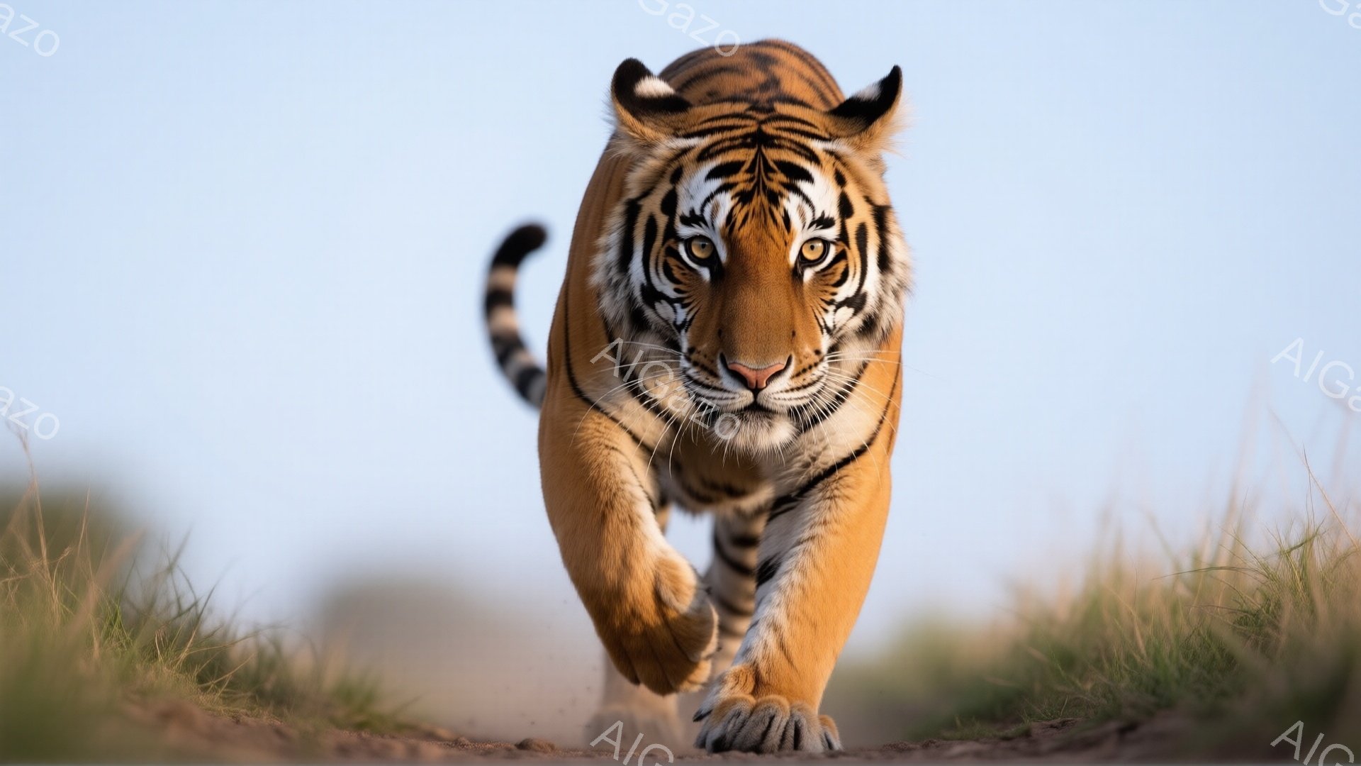 この画像は、草むらを背景に、こちらに向かって歩いてくるトラを捉えています。力強い前脚と鋭い眼差しは、野生の力強さと自信を表現しており、毛並みの鮮やかなオレンジと黒の縞模様が際立っています。浅い被写界深度により、背景がぼやけ、トラがより強調されています。