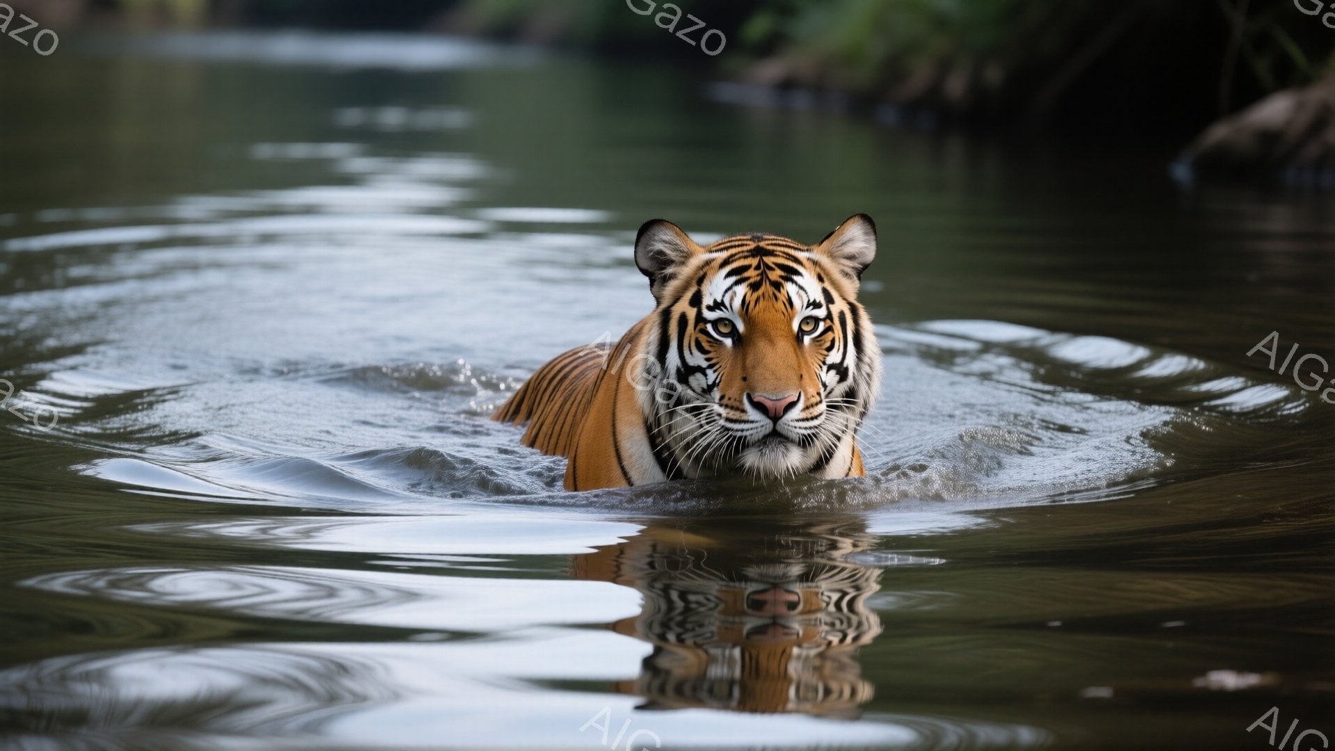 広大な水面を背景に、ベンガルトラが水の中を歩いている姿が捉えられています。水しぶきが立ち、力強い足取りと鋭い眼光が印象的です。周囲は緑豊かな植生に覆われ、自然の力強さと静けさが感じられます。 - AI生成フリー素材