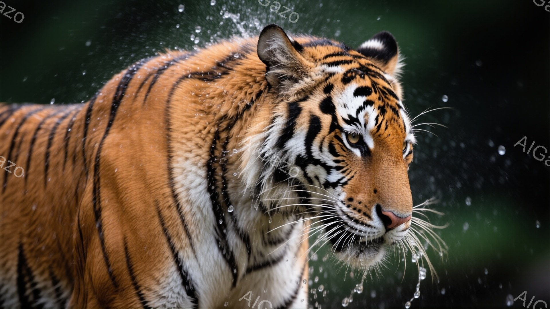 これは、水しぶきがかかる中、横向きにこちらを向くトラのクローズアップ写真です。オレンジと黒の縞模様が鮮やかで、鋭い眼差しと白いひげが特徴的です。背景は暗緑色で、トラの力強さと野生らしさを際立たせています。