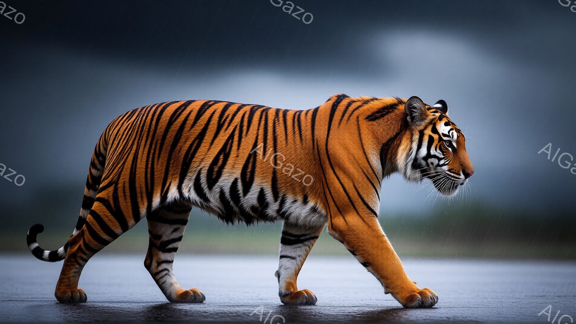 雨が降る中、一頭のトラがコンクリートの道を進んでいる。鮮やかなオレンジ色の毛並みに黒い縞模様が際立ち、筋肉質な体躯と力強い歩みが印象的だ。背景はぼやけた緑と灰色の空で、雨の日の寂しげで力強い雰囲気を醸し出している。