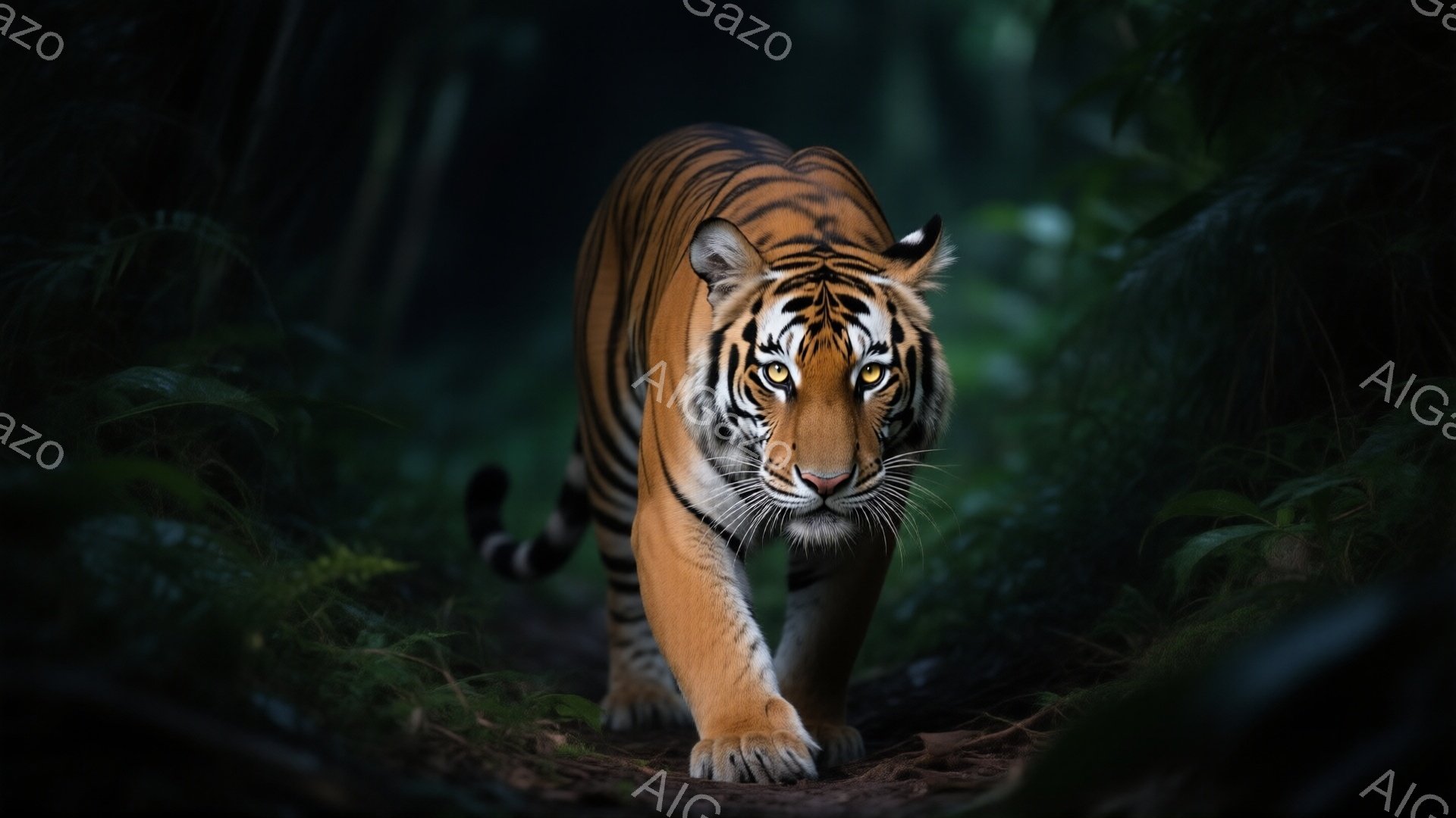 鮮やかなオレンジと黒の縞模様を持つトラが、深い緑のジャングルの中を正面から歩いてくる姿が捉えられています。その表情は鋭く、獲物を狙うかのように集中しており、力強い足取りで進んでいます。背景は濃い緑の植生で覆われ、薄暗い光の中で、野生の神秘的な雰囲気を醸し出しています。