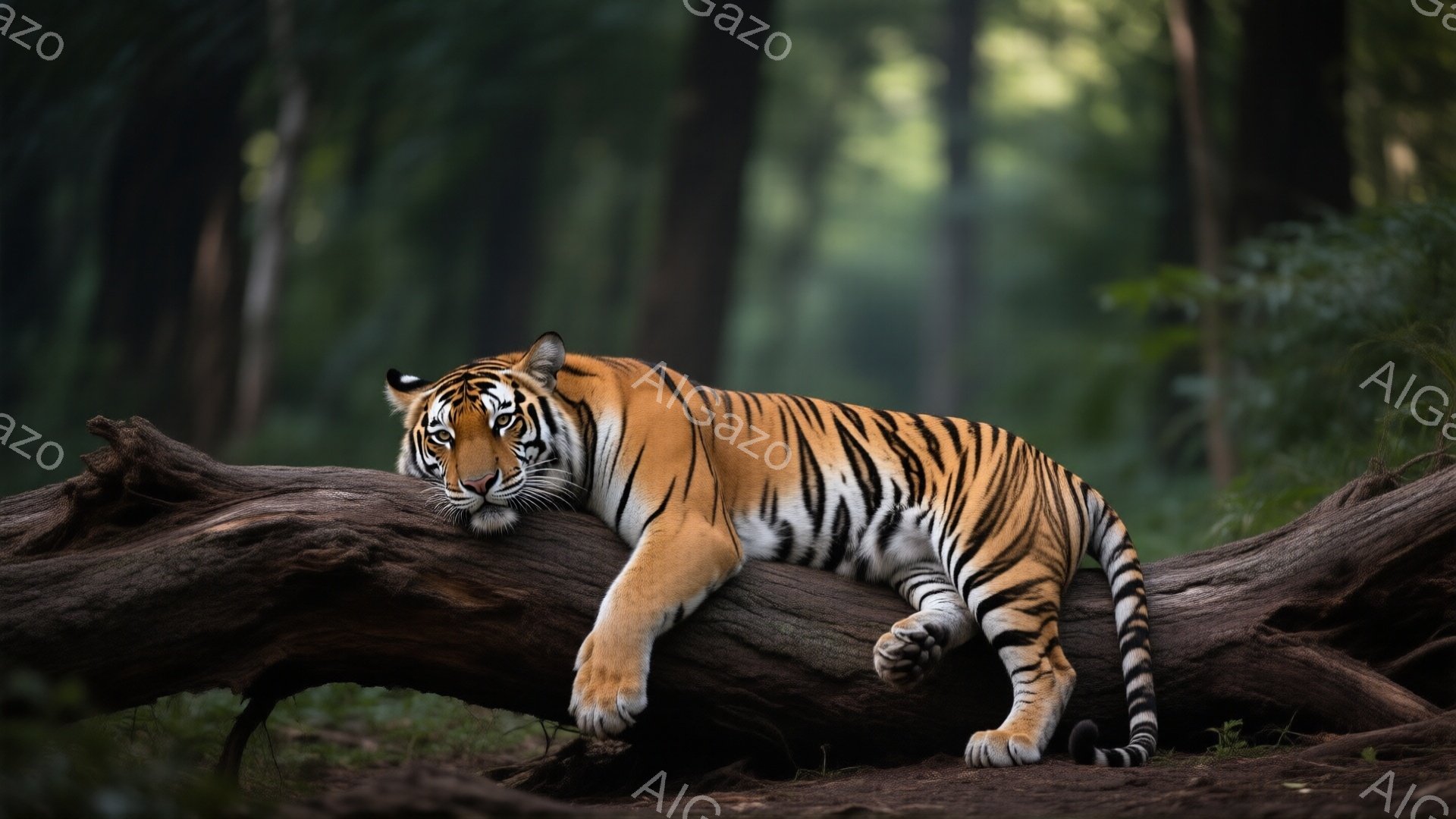 鮮やかなオレンジと黒の縞模様を持つトラが、倒木の上でリラックスして横たわっている。その表情は穏やかで、片足をだらりと下げ、まるで木製の枕に頭を預けているかのようだ。背景は緑豊かな森林で、木々の間から差し込む光が、トラの毛並みを照らし出し、静かで平和な雰囲気を醸し出している。