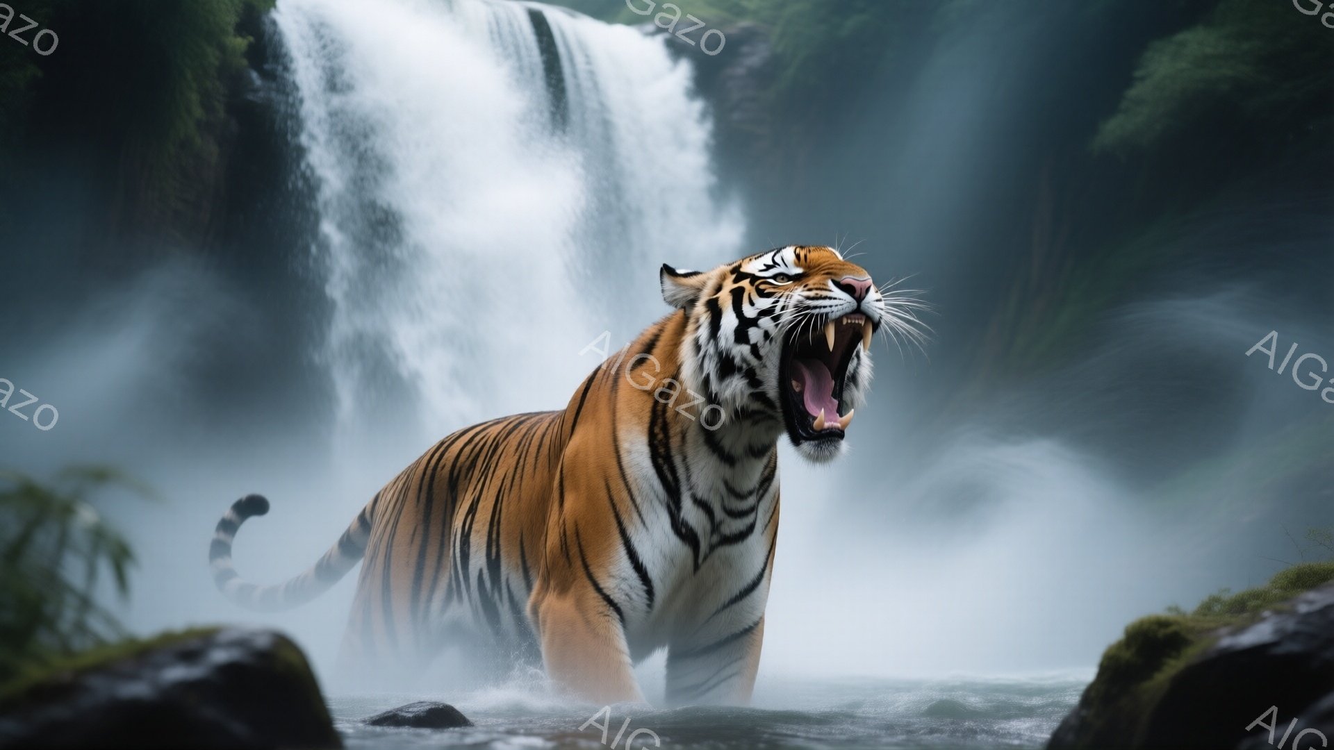 強力なベンガルトラが浅い川の中で咆哮しており、口は大きく開き、牙がむき出しになっている。背景には霧のかかった滝が流れ落ち、周囲には岩や緑が生い茂っており、全体的に力強く、野生的な雰囲気を醸し出している。水しぶきが舞い上がり、虎の威厳と自然の雄大さを強調している。