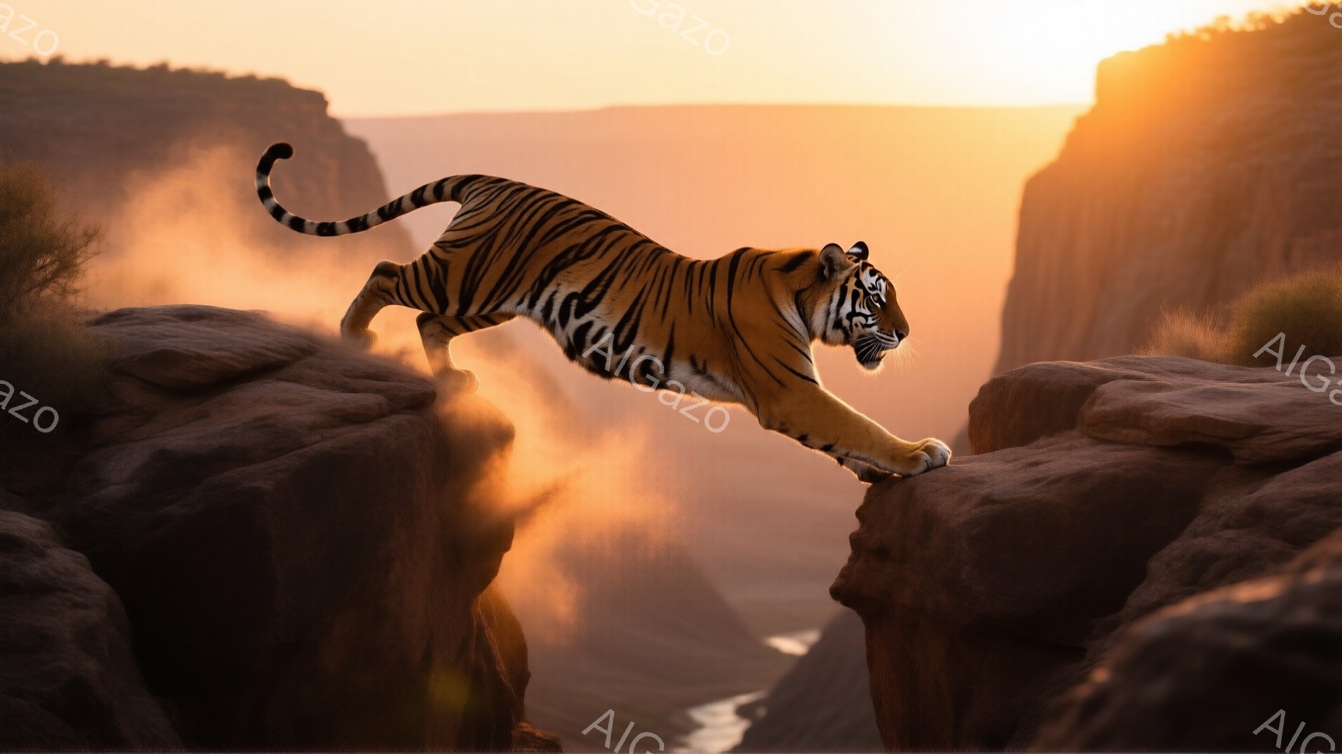 岩だらけの崖の上で、トラがダイナミックにジャンプしている様子が捉えられている。背景には峡谷が広がり、夕焼けのような暖かな光が全体を包み込み、力強く、そして美しい雰囲気を醸し出している。トラの筋肉質な体躯と、集中した表情が、その躍動感を強調している。