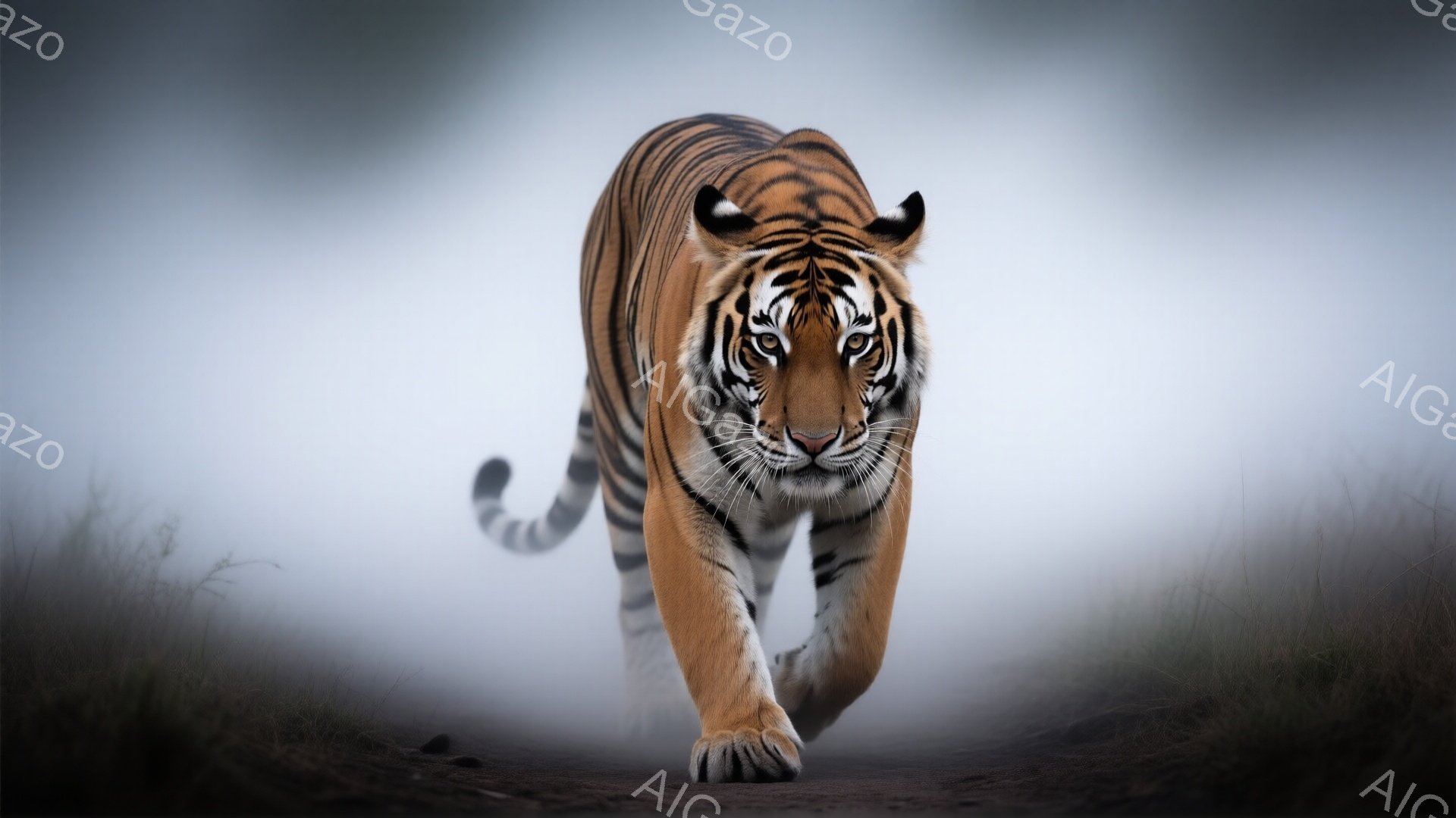霧がかった荒野を、一匹のトラが正面を向いて力強く歩いている。オレンジと黒の縞模様が際立ち、鋭い眼差しはカメラを見据えている。背景はぼやけた草木と霧に包まれ、トラの存在感を際立たせ、神秘的で緊張感のある雰囲気を醸し出している。