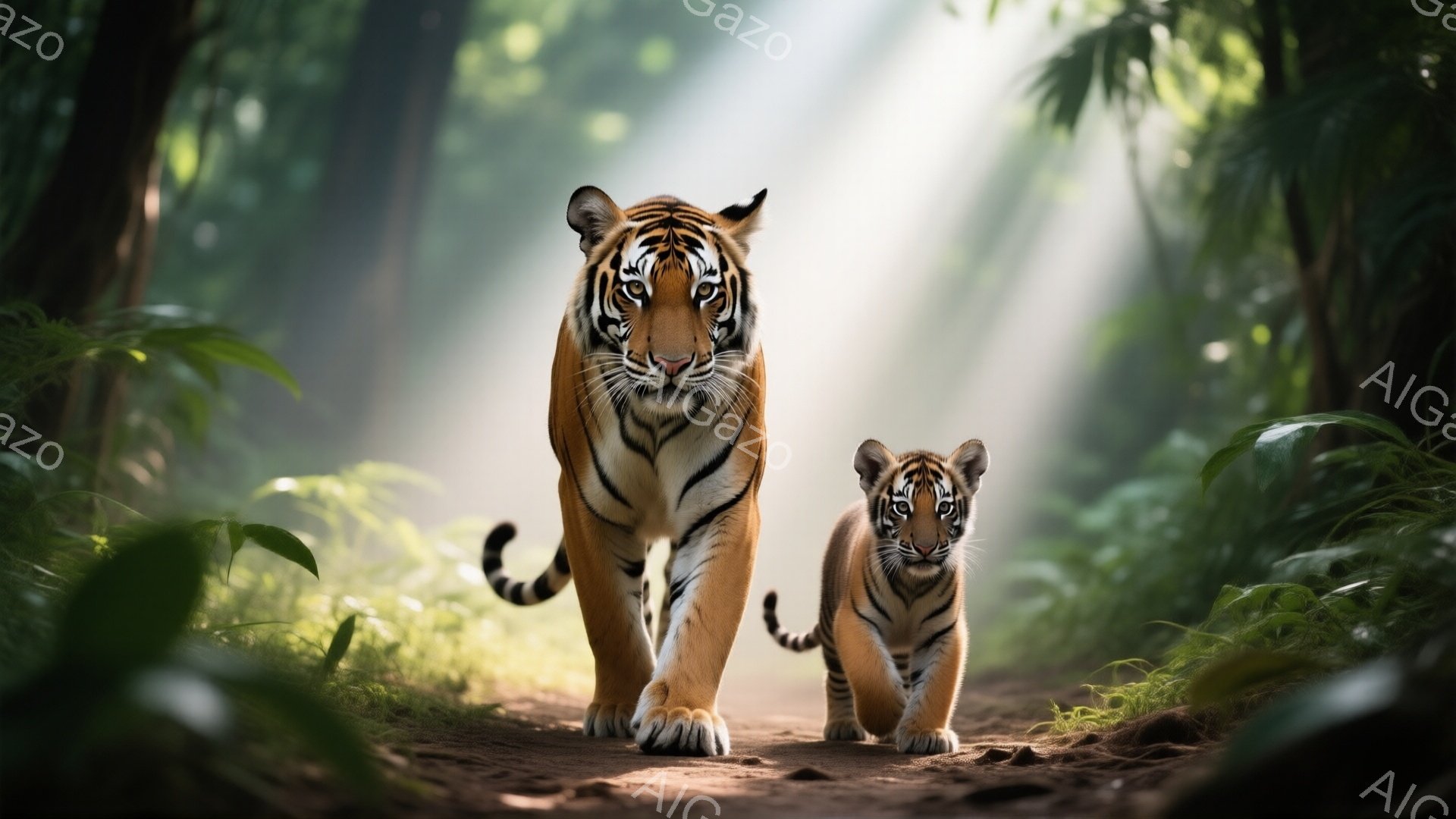鬱蒼とした緑のジャングルの中に、母と子と思われる二頭のベンガルトラが砂利道を歩いている。母トラは力強く前進し、子トラは母に続いて少し幼い足取りで歩いている。木々の間から差し込む光が、道とトラたちを照らし、神秘的で温かい雰囲気を醸し出している。