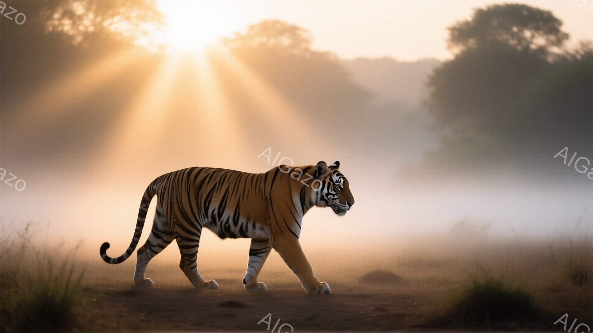 草原を歩く一匹のトラが写っている。背景には朝霧が立ち込め、朝日が差し込み、ドラマチックな光景を作り出している。トラは力強く堂々とした姿勢で、周囲の環境に溶け込みながらも存在感を放っている。