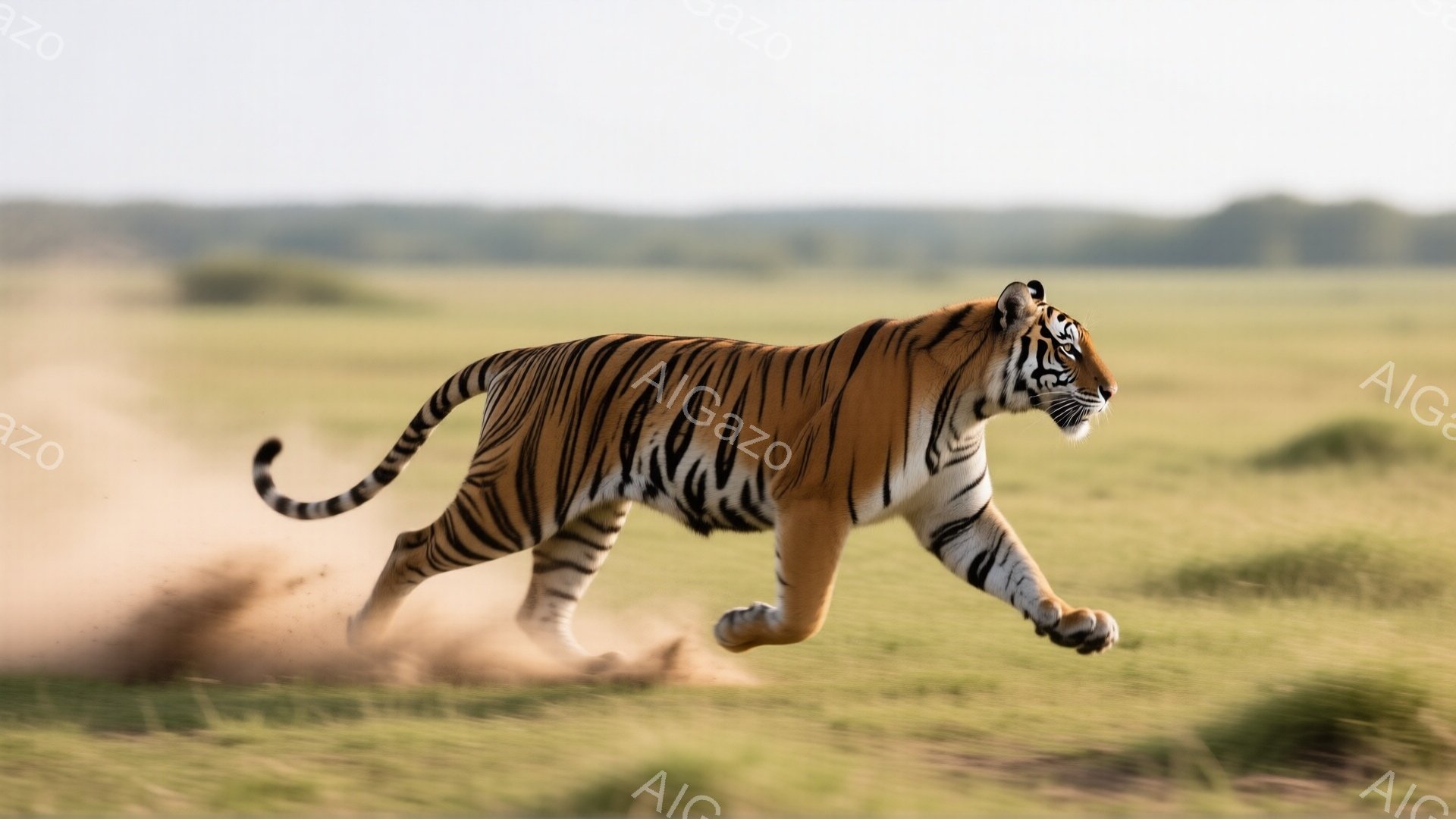 広大な緑の草原を、一匹のベンガルトラが力強く走り抜けている様子が捉えられています。その毛並みは鮮やかなオレンジ色と黒の縞模様で、筋肉質な体が躍動感を際立たせています。土埃が舞い上がり、草原の緑とトラのオレンジ色が鮮やかなコントラストを生み出しています。