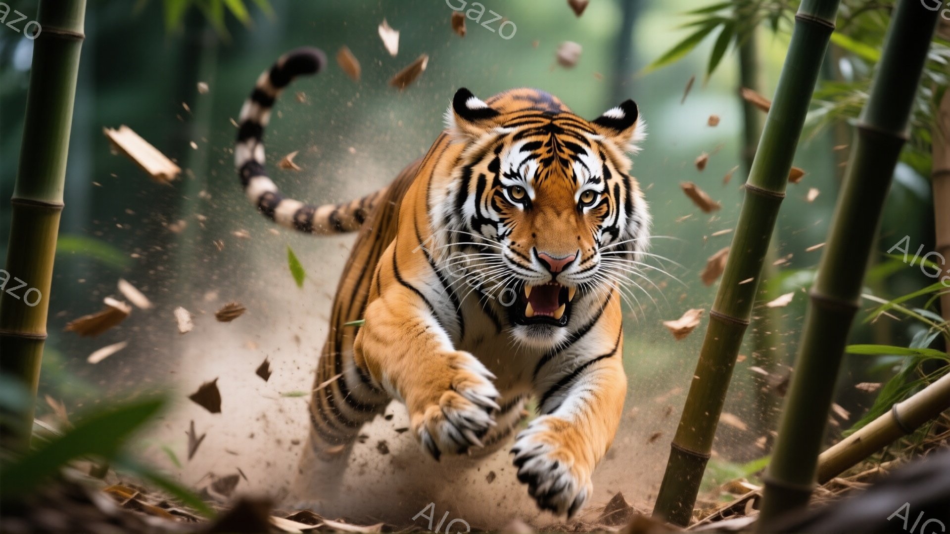 鮮やかなオレンジと黒の縞模様を持つトラが、土煙を巻き上げながら走り抜けている。口を開け、牙をむき出しにした表情は、激しい狩りへの衝動や攻撃的な姿勢を表している。背景には緑色の竹林が立ち並び、野生の自然環境とトラの躍動感を強調している。