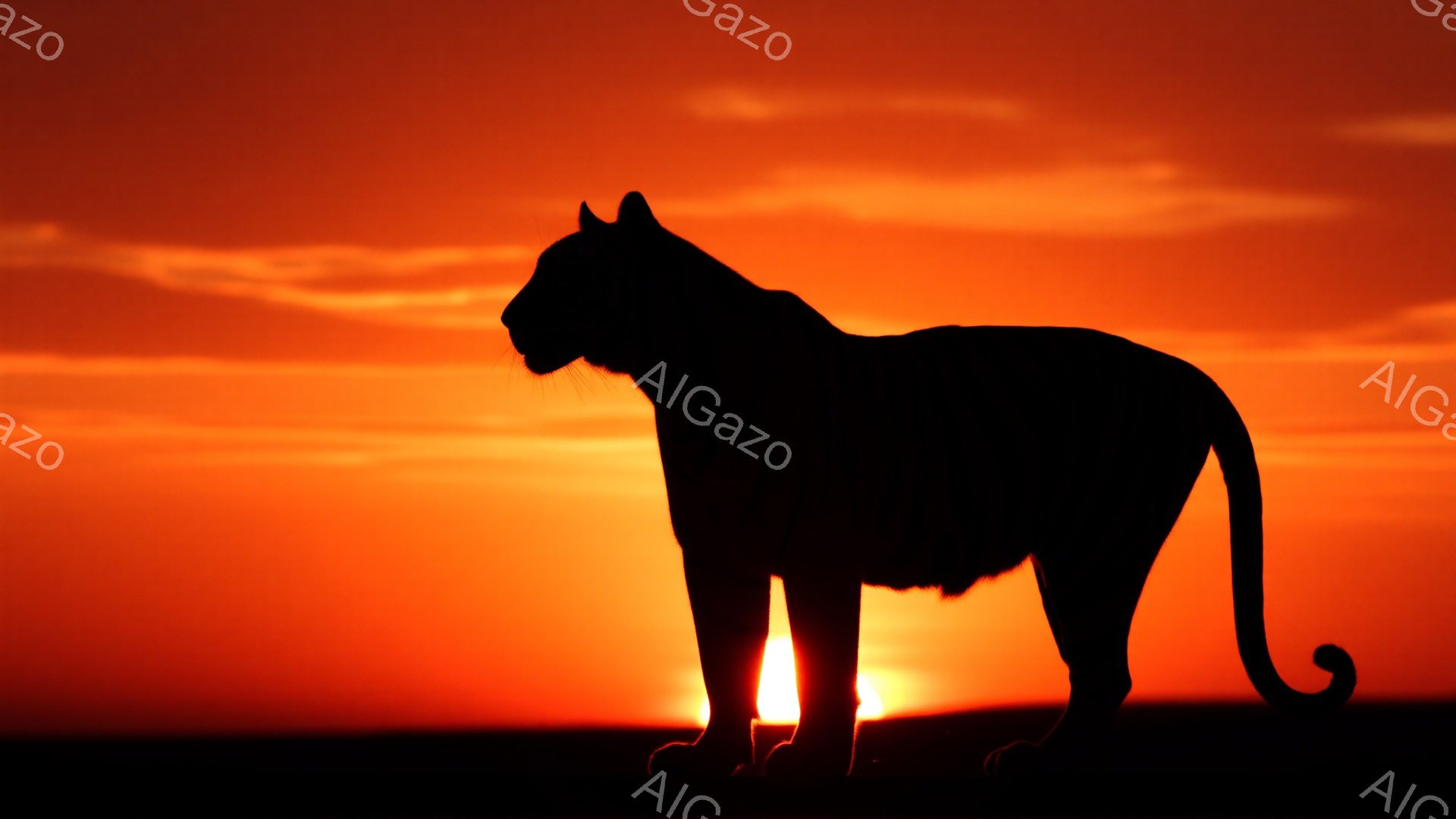 黒いシルエットの大きな猫科動物、おそらくヒョウが、燃えるようなオレンジ色の夕焼けを背景に立っている。その姿は力強く、自信に満ちており、尾は優雅に曲がっている。地平線はかすかに見え、空全体が暖かくドラマチックな雰囲気を醸し出している。
