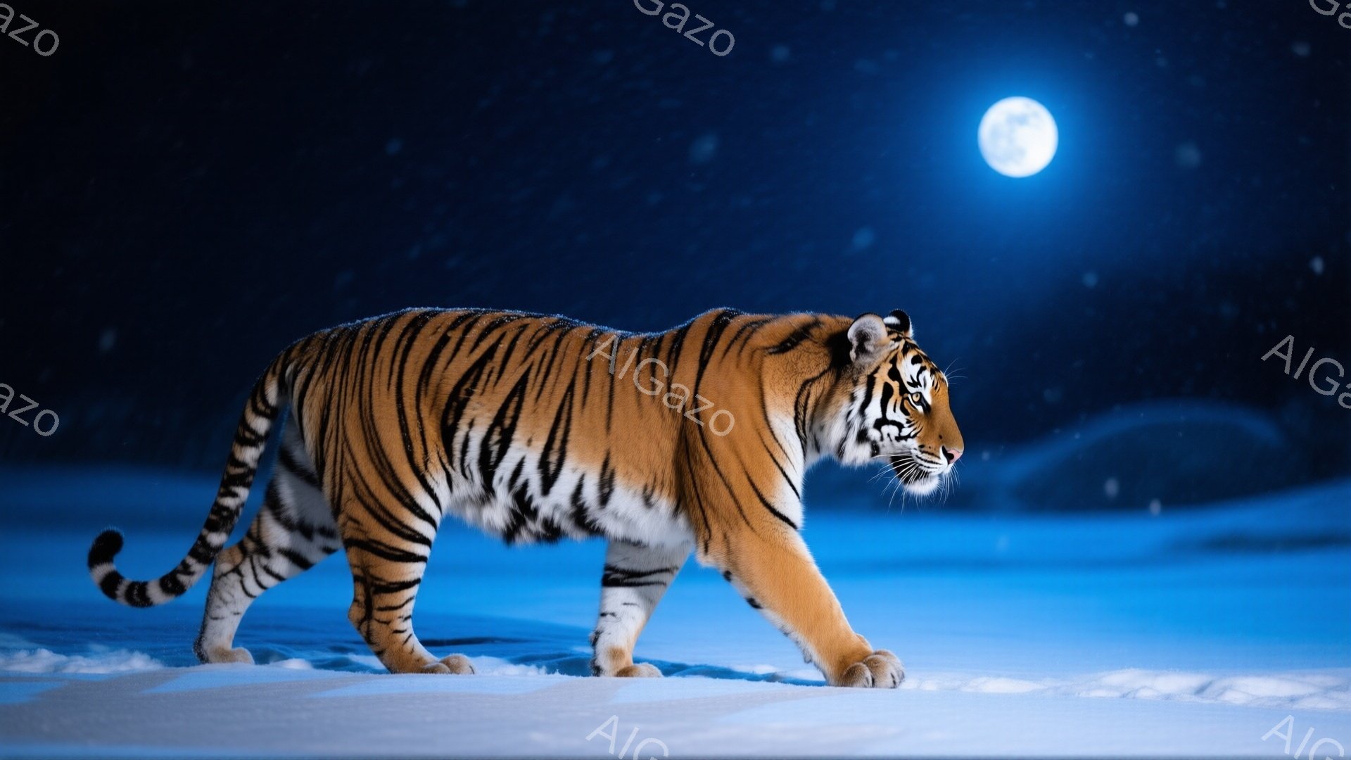 雪原を歩くアムールトラが描かれています。鮮やかなオレンジ色の毛並みに黒い縞模様が際立ち、力強い足取りで前進しています。背景は暗い夜空で、満月が明るく輝き、雪景色に幻想的な雰囲気を添えています。 - AI生成フリー素材