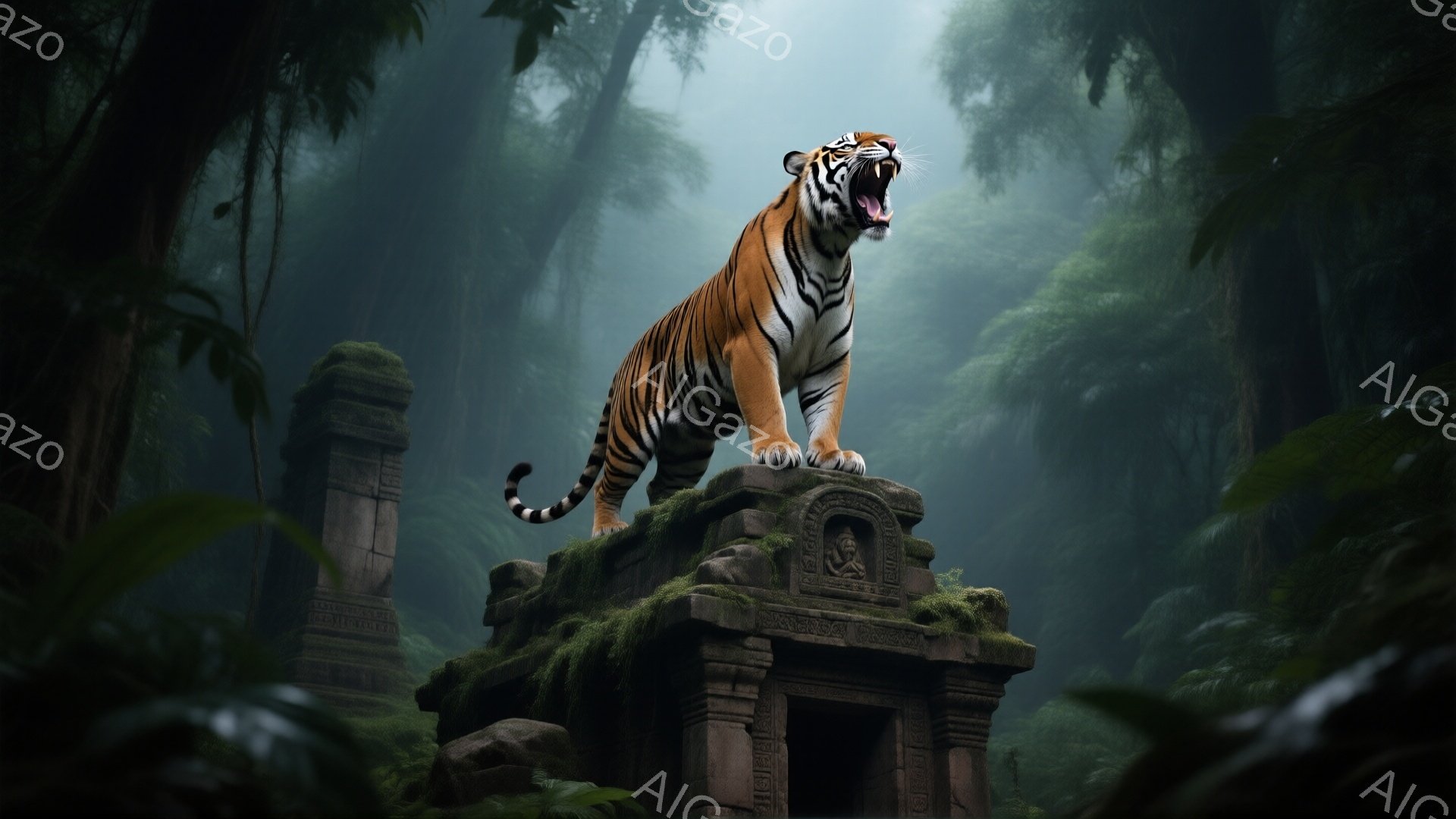 緑豊かなジャングルの古代遺跡の上に、巨大なトラが咆哮している。遺跡は苔むしており、石造りの彫刻が施されているが、風化が進んでいることがわかる。背景は深い緑色で、霧が立ち込め、神秘的で威圧的な雰囲気を醸し出している。