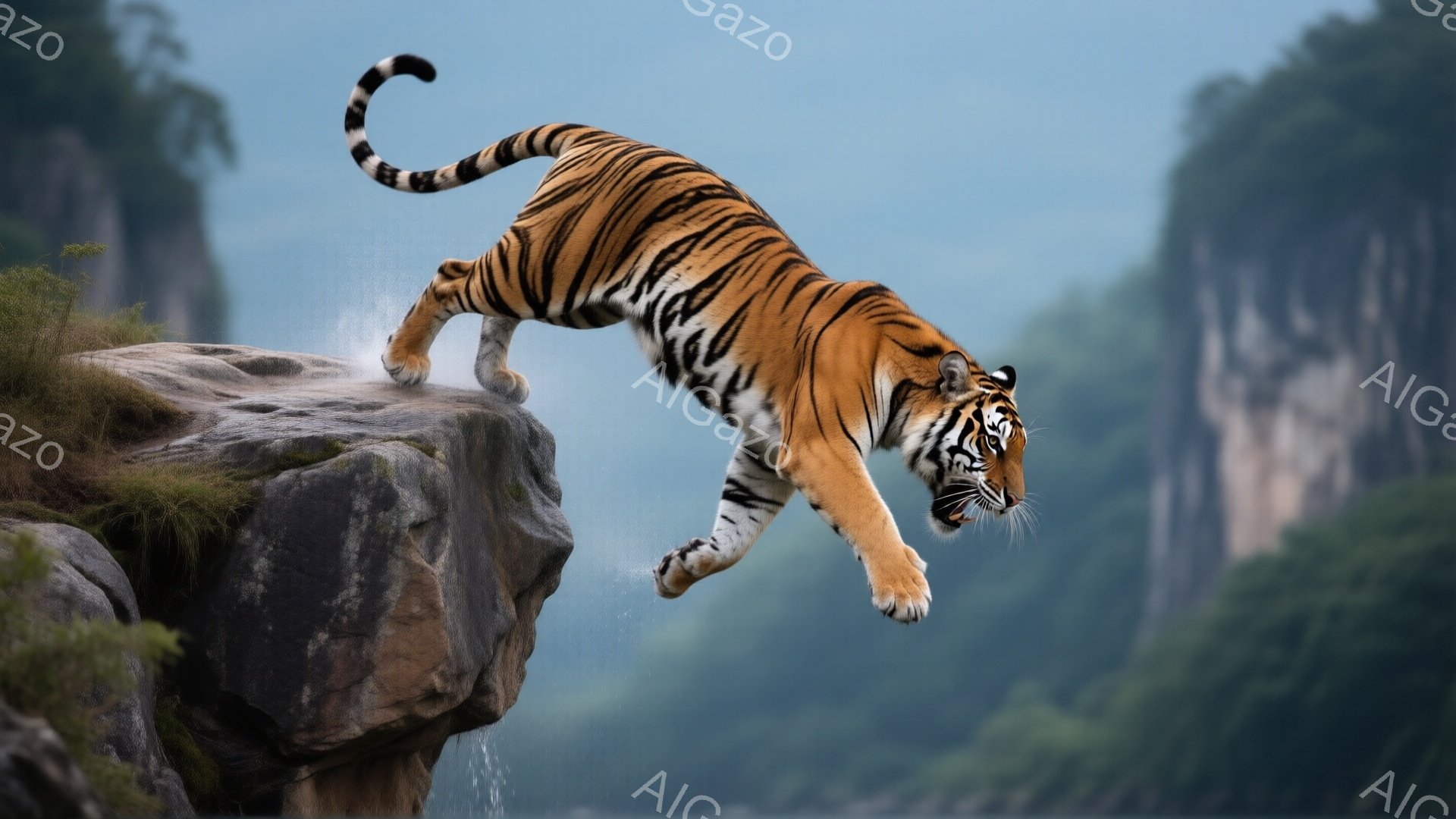 岩場から飛び降りるトラが捉えられています。トラは力強く前足を伸ばし、後ろ足は空中で曲げ、ダイナミックな跳躍の瞬間を表現しています。背景には、霧に包まれた岩山が連なり、水が流れ落ちる様子が見られ、野生味あふれる雰囲気を醸し出しています。