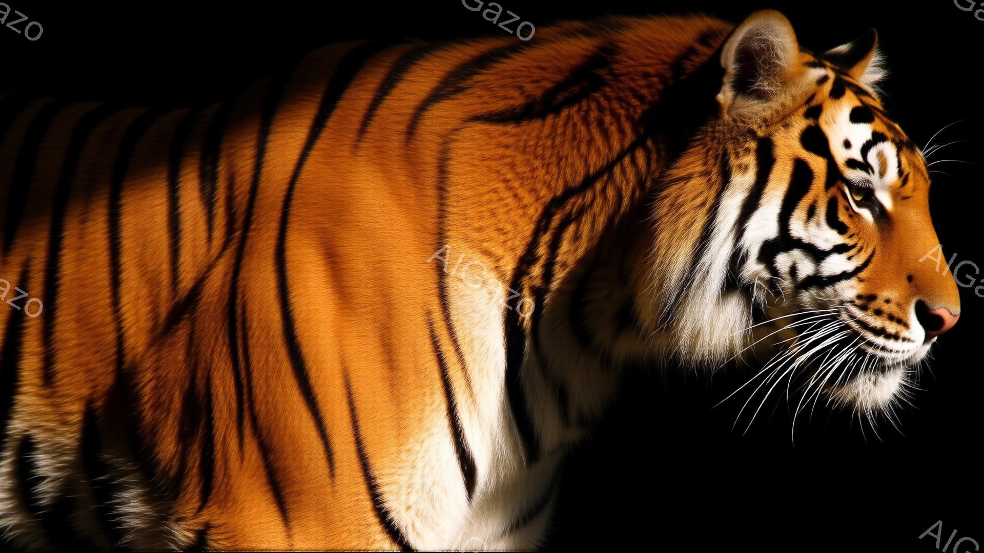 鮮やかなオレンジと黒の縞模様を持つ巨大なトラが、暗い背景を背景に横向きに描かれています。トラは静かに佇み、鋭い眼差しで何かを見つめています。光がトラの体の輪郭を照らし出し、その力強さと美しさを際立たせています。