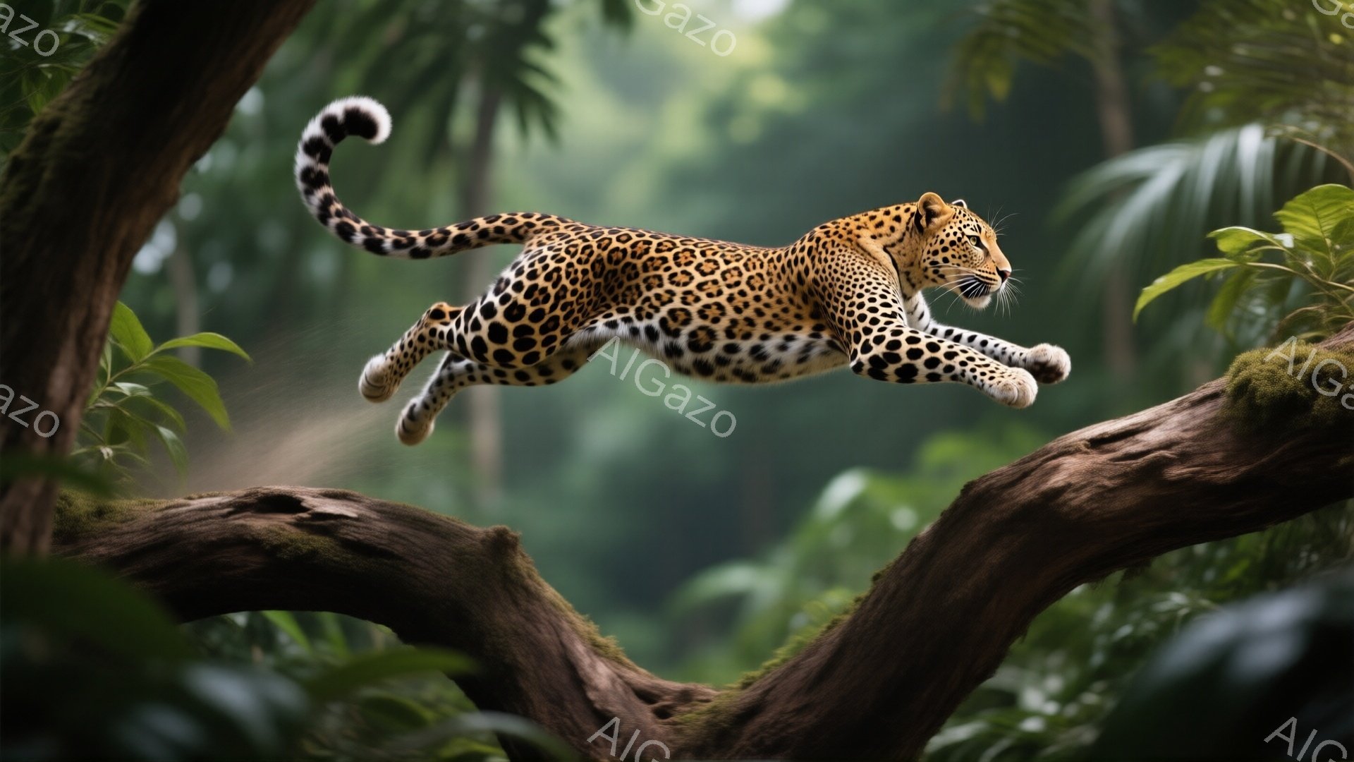 鮮やかな斑点模様を持つヒョウが、木の枝の上をダイナミックに飛び越えている様子が捉えられています。背景には緑豊かな熱帯雨林が広がり、木々の葉が鮮やかに映えています。躍動感あふれるポーズと背景の緑が相まって、力強く自然な雰囲気を醸し出しています。
