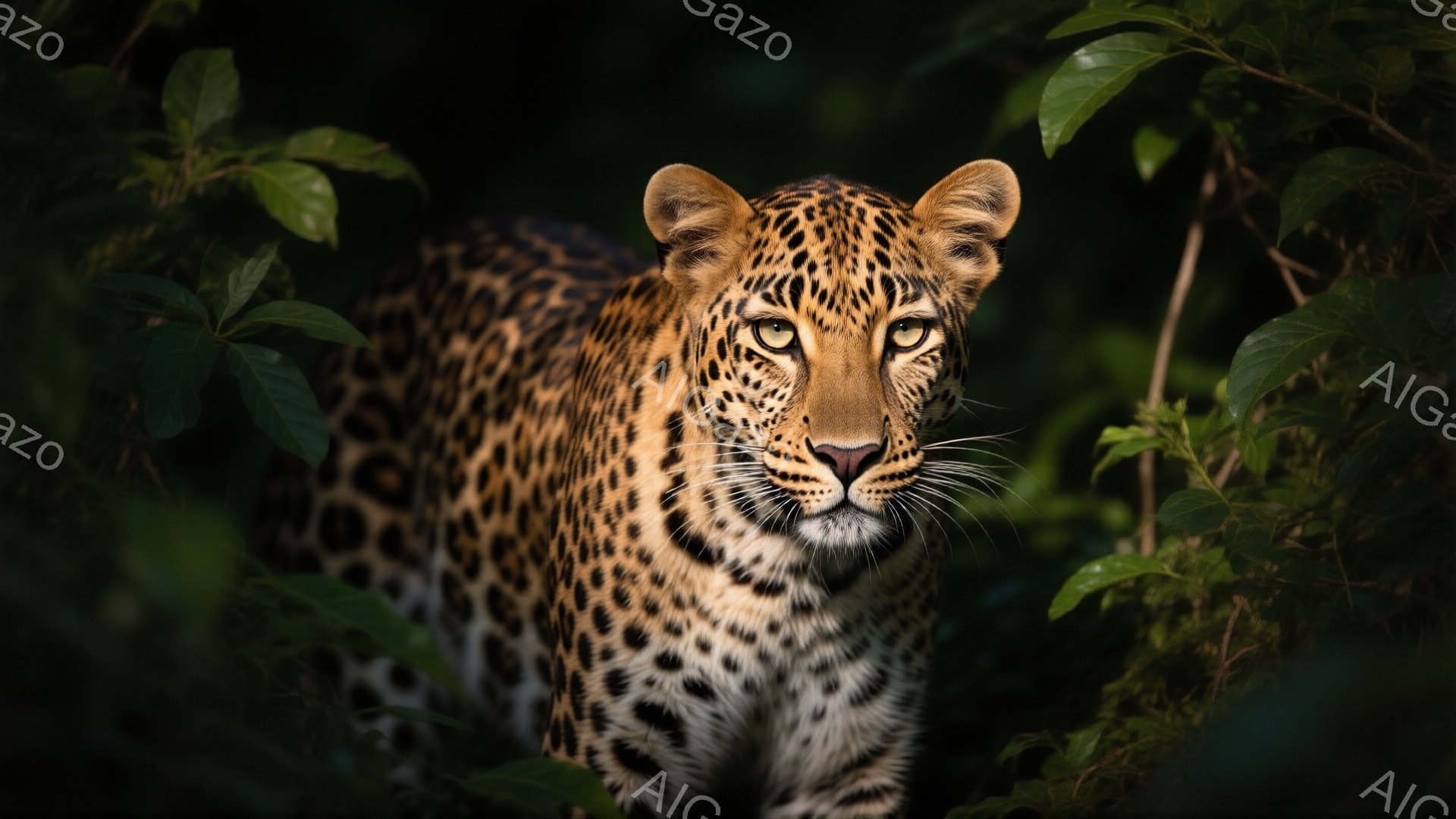 鮮やかな斑点模様を持つヒョウが、緑豊かな植物の中に潜んでいます。その顔は力強く、鋭い眼差しはカメラをまっすぐ見つめ、まるで獲物を狙っているかのようです。周囲は濃い緑の葉で覆われ、ヒョウの存在感を際立た - AI生成フリー素材